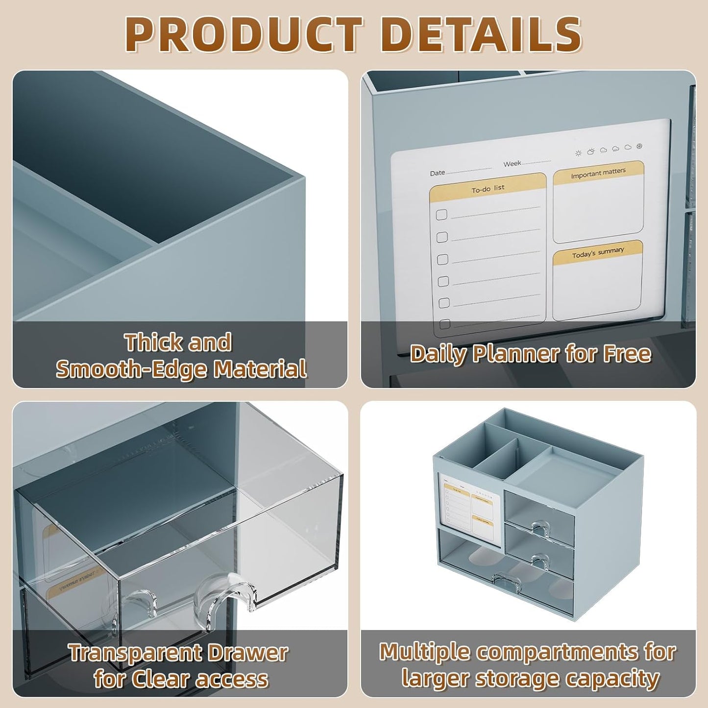 Marbrasse Desk Organizer with 3 Drawer, Multi-Functional Pencil Pen Holder for Desk, Desktop Organizer Storage for Office Home Art Supplies (Blue)