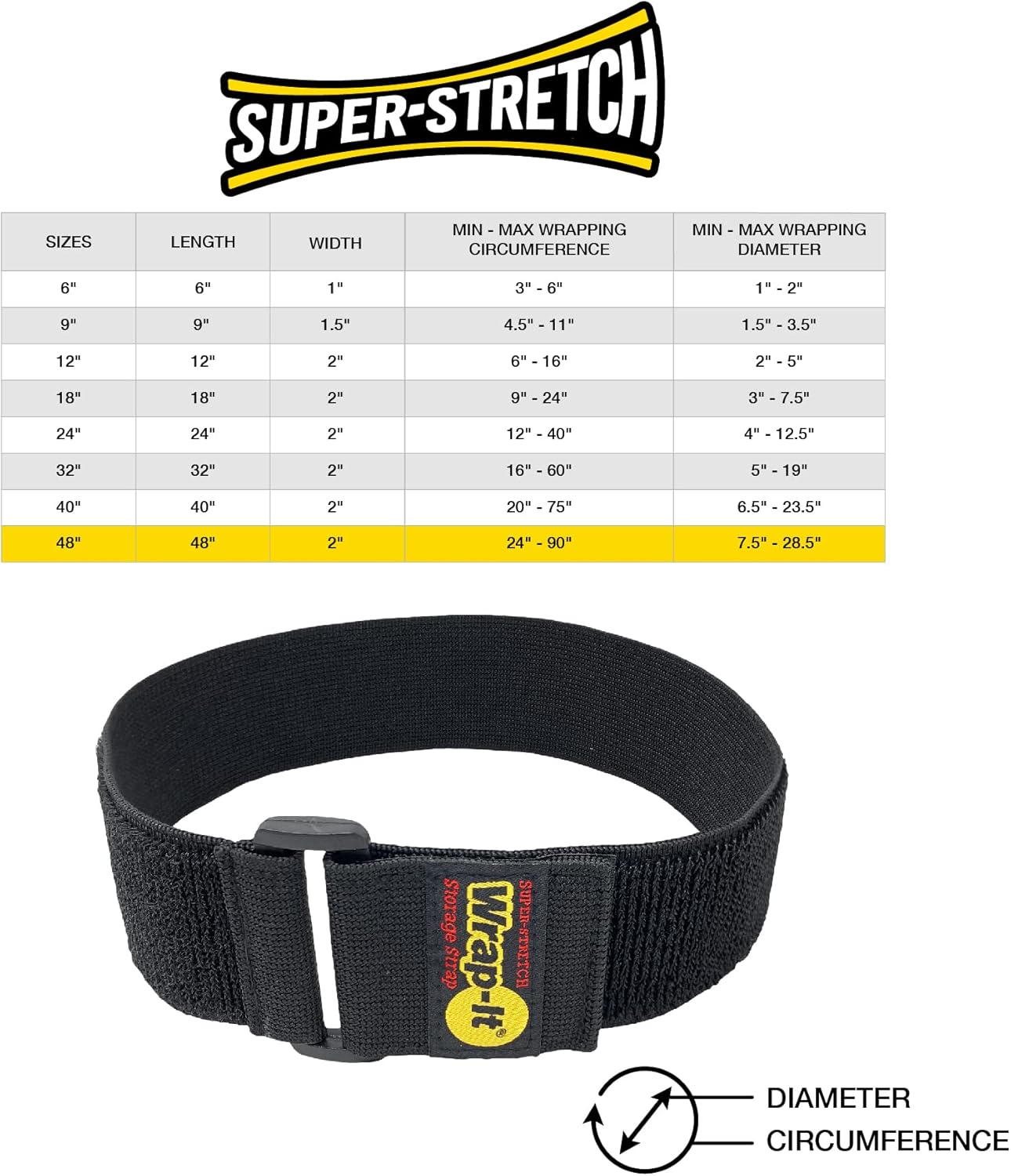 Super-Stretch Wrap-It Storage Straps, 48-in x 2-in (3-Pack) - Elastic Hook and Loop Cinch Straps - Pool Hose and Cable Straps, Garage and RV Storage Accessories
