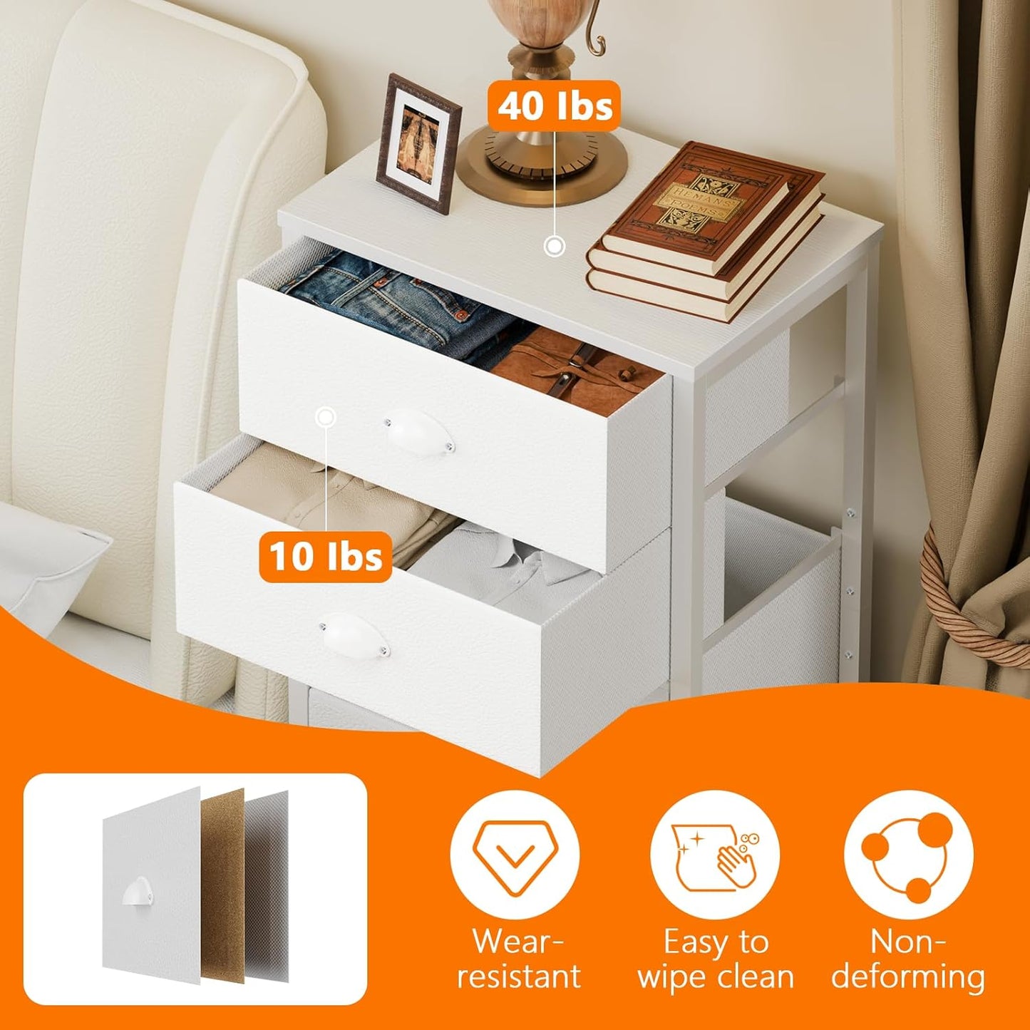 Furnulem White Tall Dresser for Bedroom with 7 Drawers, Vertical Chest of Drawer in Closet, Nightstand Storage Tower Unit Organizer with Fabric Bins for Dorm,Living Room,Entryway,Hallyway