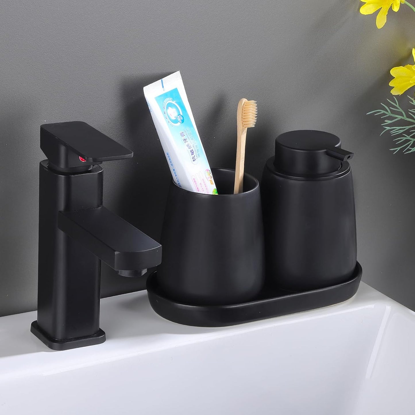 Matte Black Bathroom Accessory Set - 3pcs Ceramic Soap Dispenser Set Vanity Countertop Accessories Set, Includes Refillable Lotion Hand Soap Dispenser, Toothbrush Holder and Tray (Liquid Pump)