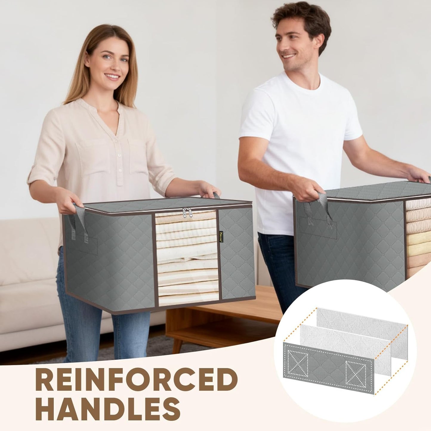 BALEINE 6 Pack Clothes Storage Bags, 16 Gallon Storage Containers with Reinforced Handle, Sturdy Zipper, Closet Organizer for Blanket, Comforter, Pillow, Bedding (Grey, 6 Pack)