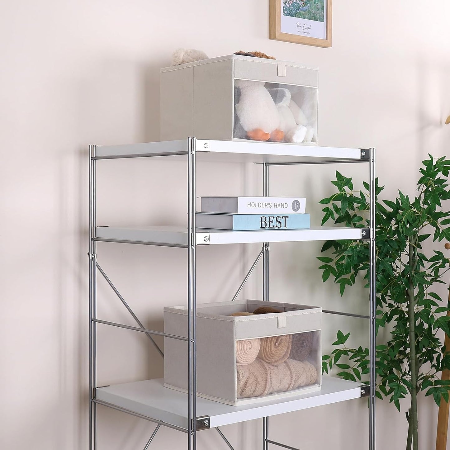 WUIKE 3 Pack Medium Storage Bins with Clear Window, Fabric Storage Bins for Home and Closet Organization, Beige