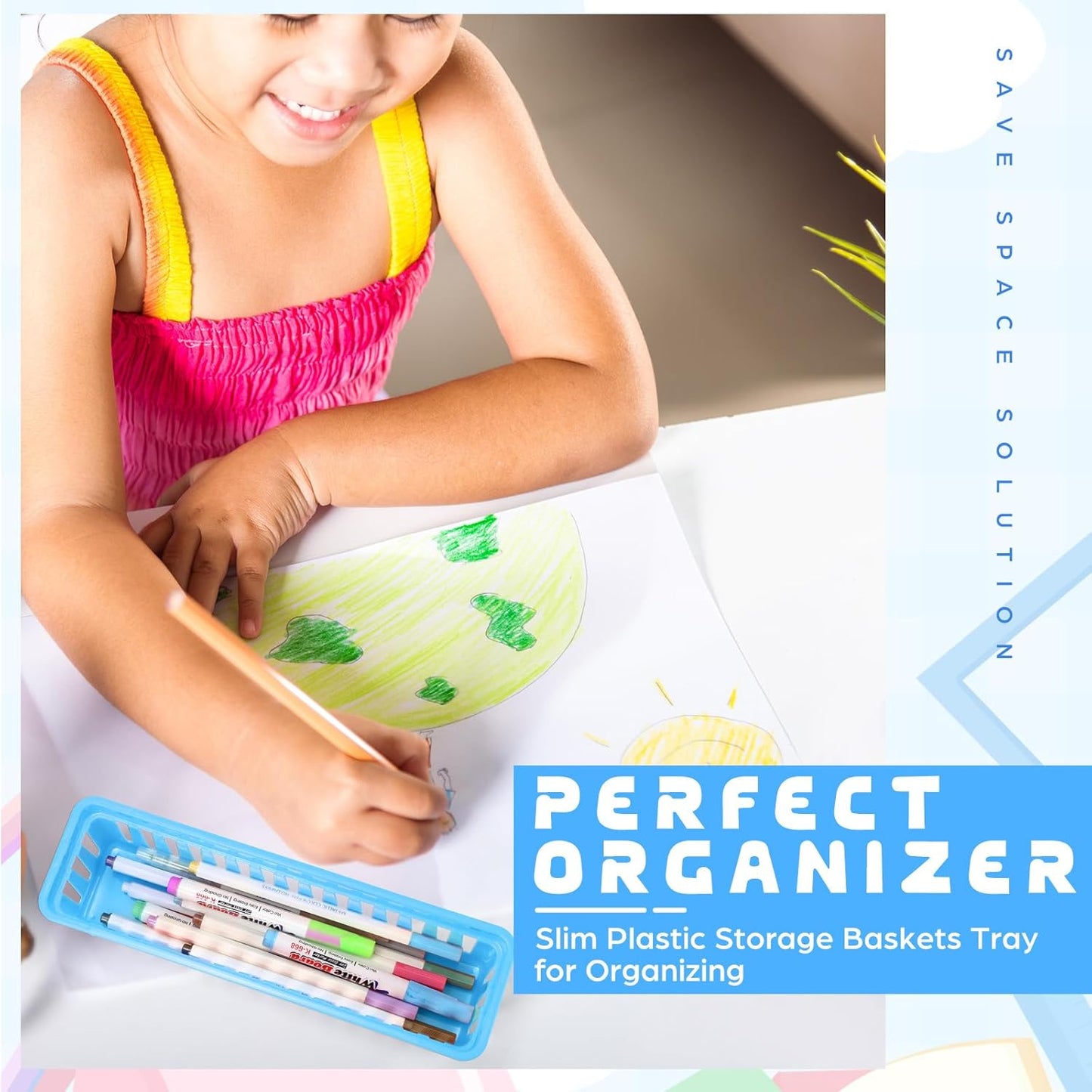 6 Pcs Colorful Slim Plastic Storage Baskets Tray 10 x 3 x 2.5 Inch Compact Stackable Desk Organizer for Office, Classroom, School Supplies, and Home Storage, Organization(Colorful)