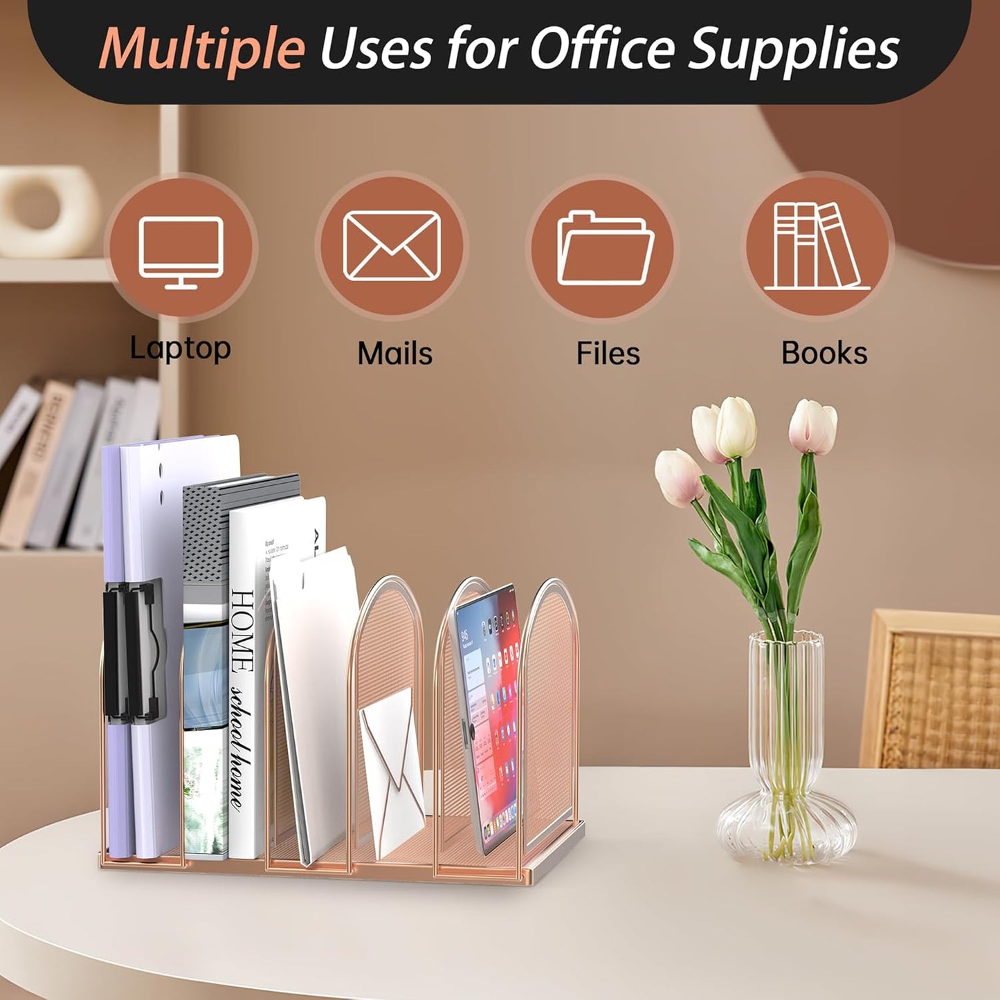 SUPEASY File Organizer for Desk, 5-Section Mesh Desk Organizer, Vertical File Holder Desktop Organizer File Sorter, File Folder Holder for Office Supplies, Rose Gold