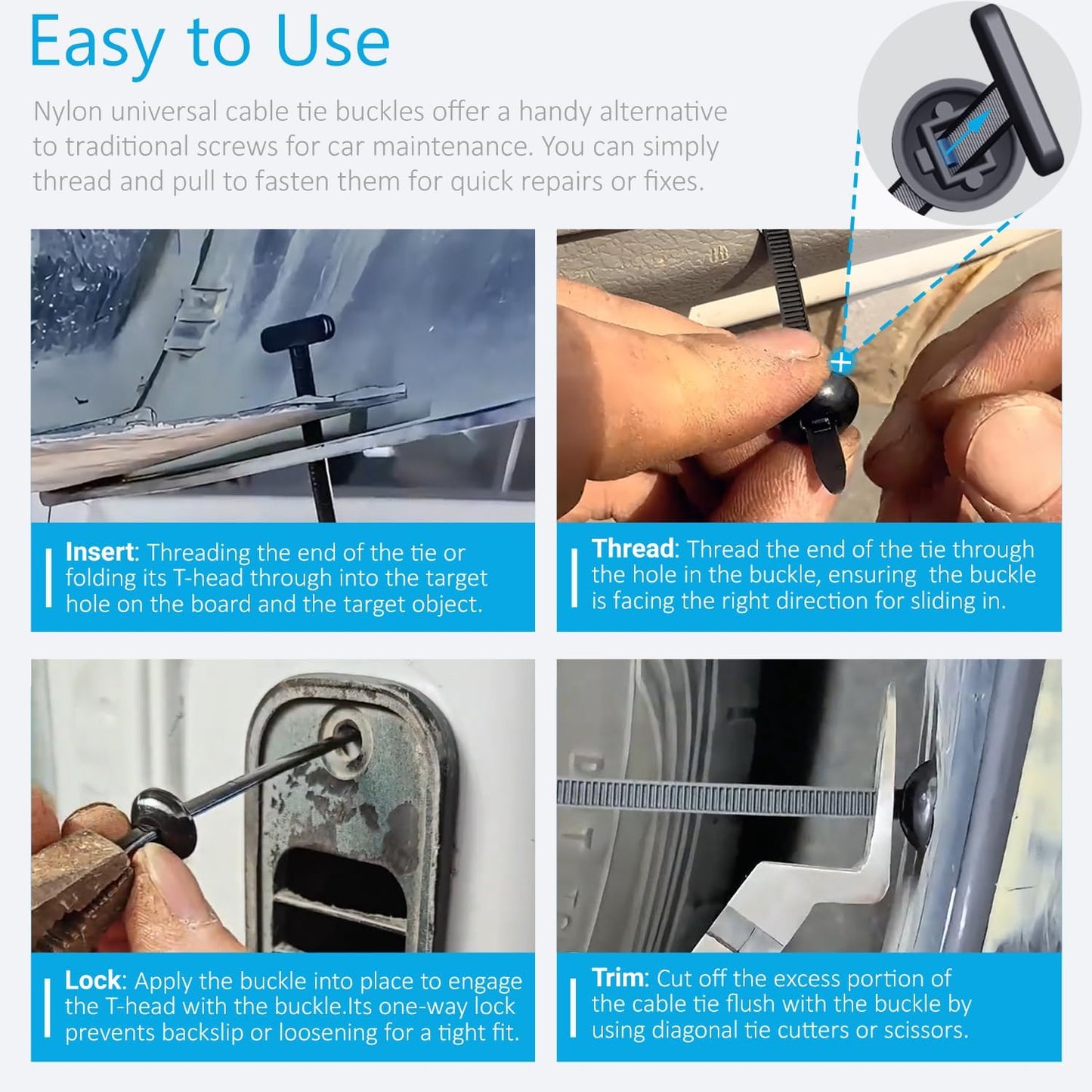 200PCS Nylon Universal Cable Tie Buckles, Multi-functional T Rivet Zip Ties - Automotive Zipper Clips with Pin & Button Design for Car Daily Repair, Fender Liner, Bumper Retainer, Door Panel Fastener