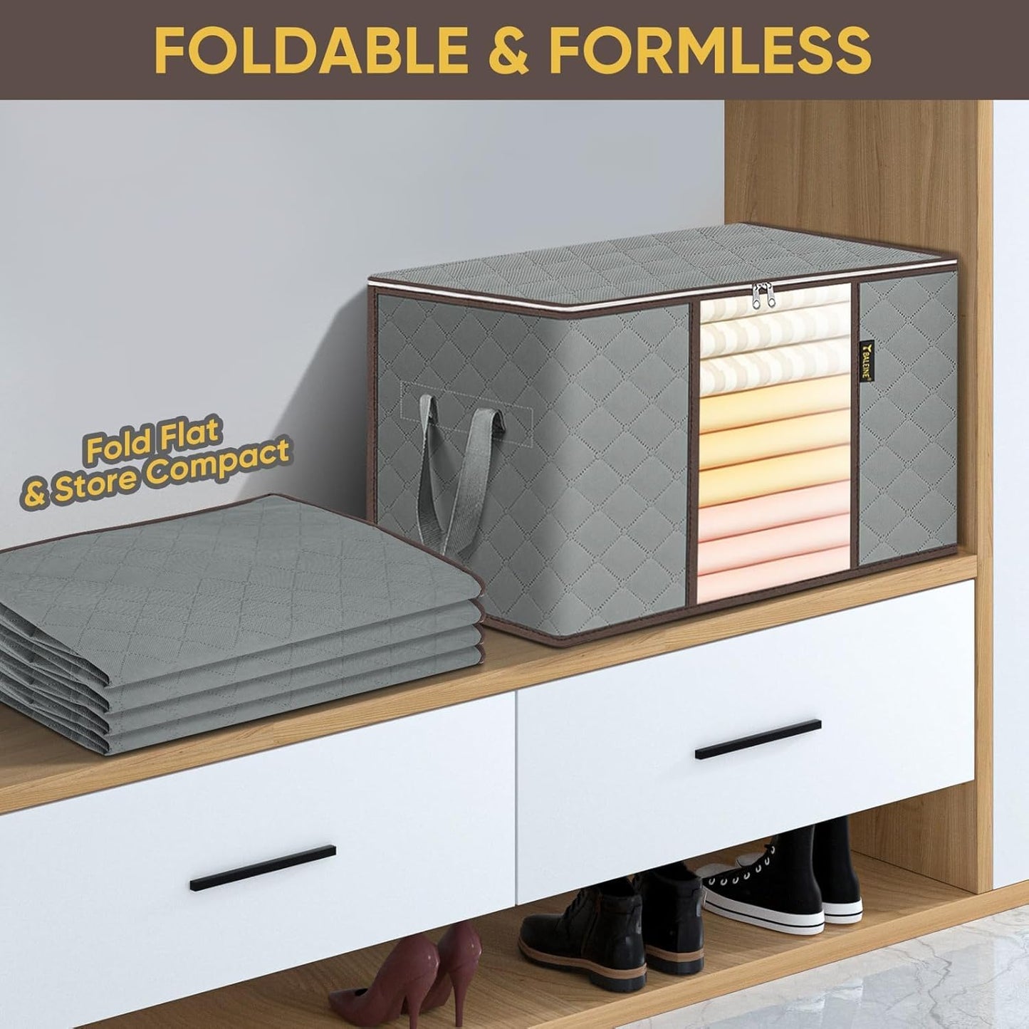 BALEINE 2 Pack Clothes Storage Bags, 24 Gallon Storage Containers with Reinforced Handle, Sturdy Zipper, Closet Organizer for Blanket, Comforter, Pillow, Bedding (Grey, 2 Pack)