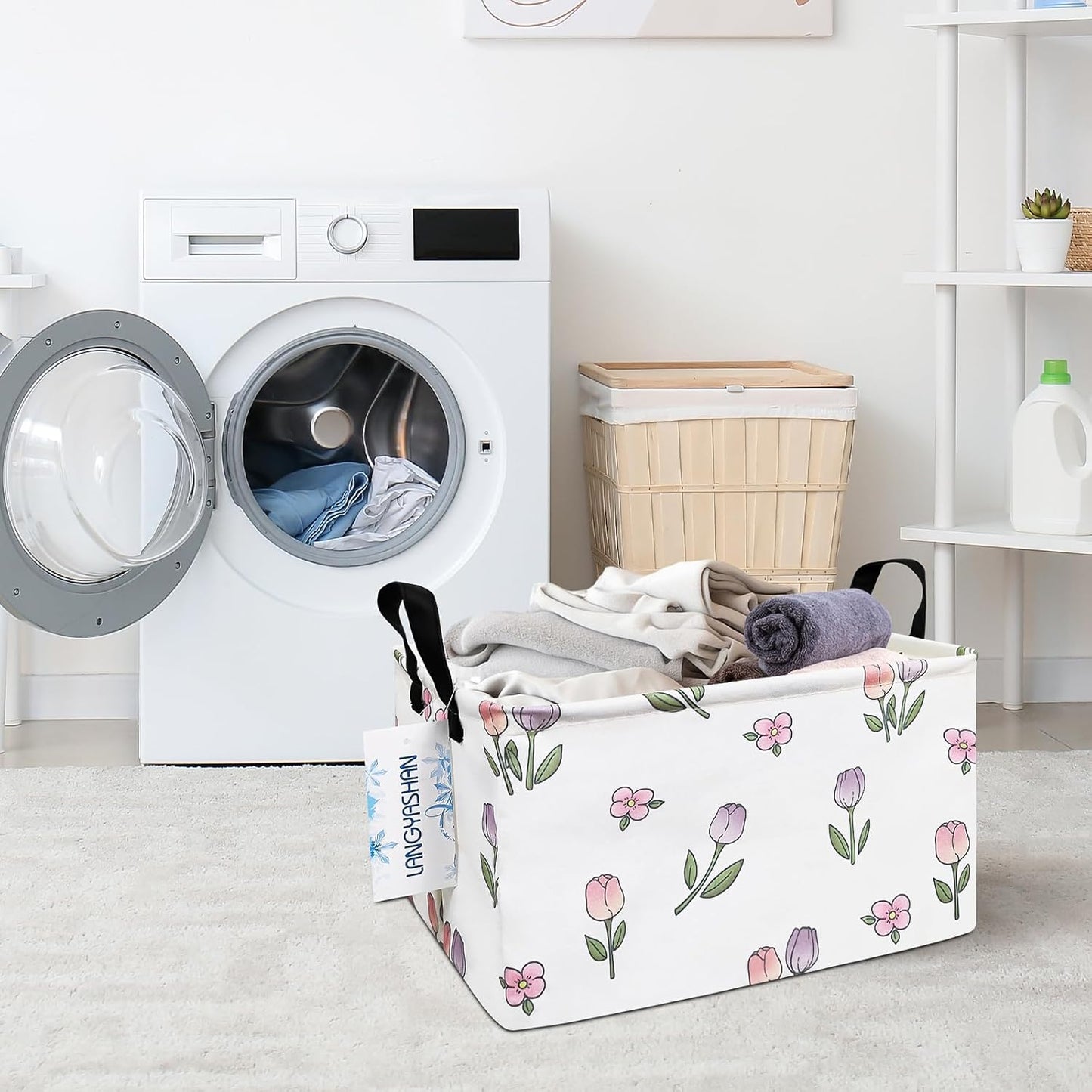 LANGYASHAN Rectangular Storage Bin Collapse Canvas Fabric Cartoon Storage Basket with Handles for Organizing Home Kitchen Boys and Girls Toys Office Closet Shelf Baskets (Rec Romantic Tulip)