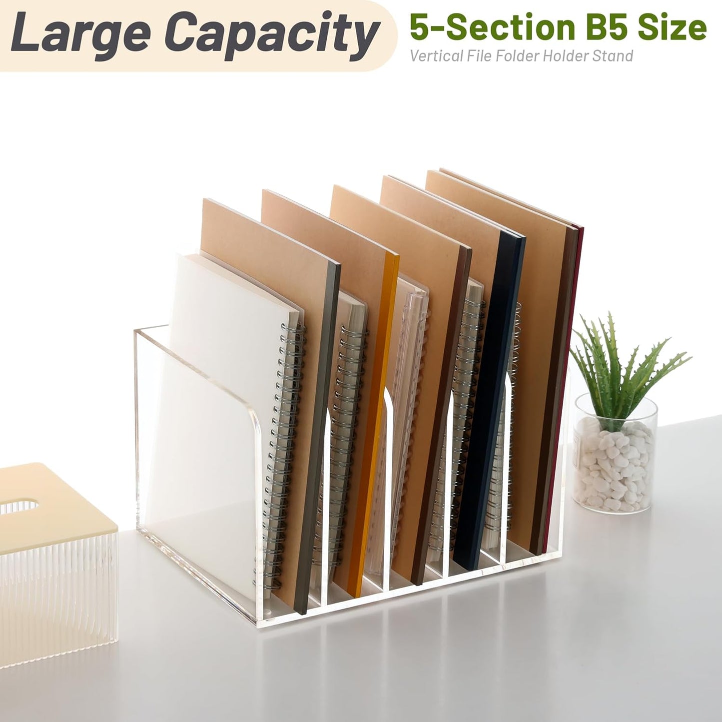 SANRUI Acrylic File Organizer, Clear Magazine File Holder Desk Organizer for Office Organization and Storage with 5 Vertical Compartments, Desktop Bookshelf for Home Office Organization