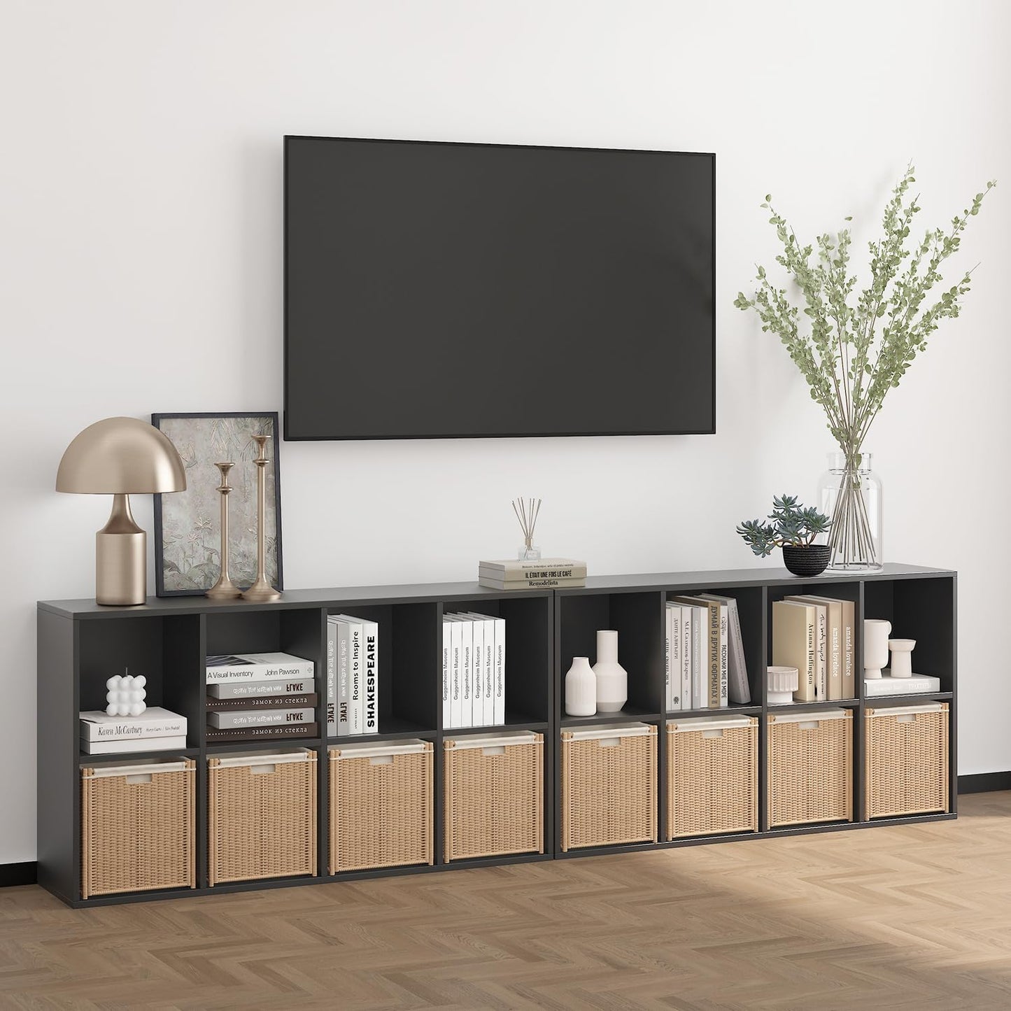 Wooden 8 Cube Storage Organizer with Closed Back Panel,White Shelf Heavy Duty Cubby Storage Organizer with Compartments for Living,Display Shelf,Bookshelf (Black, 8-Cube)