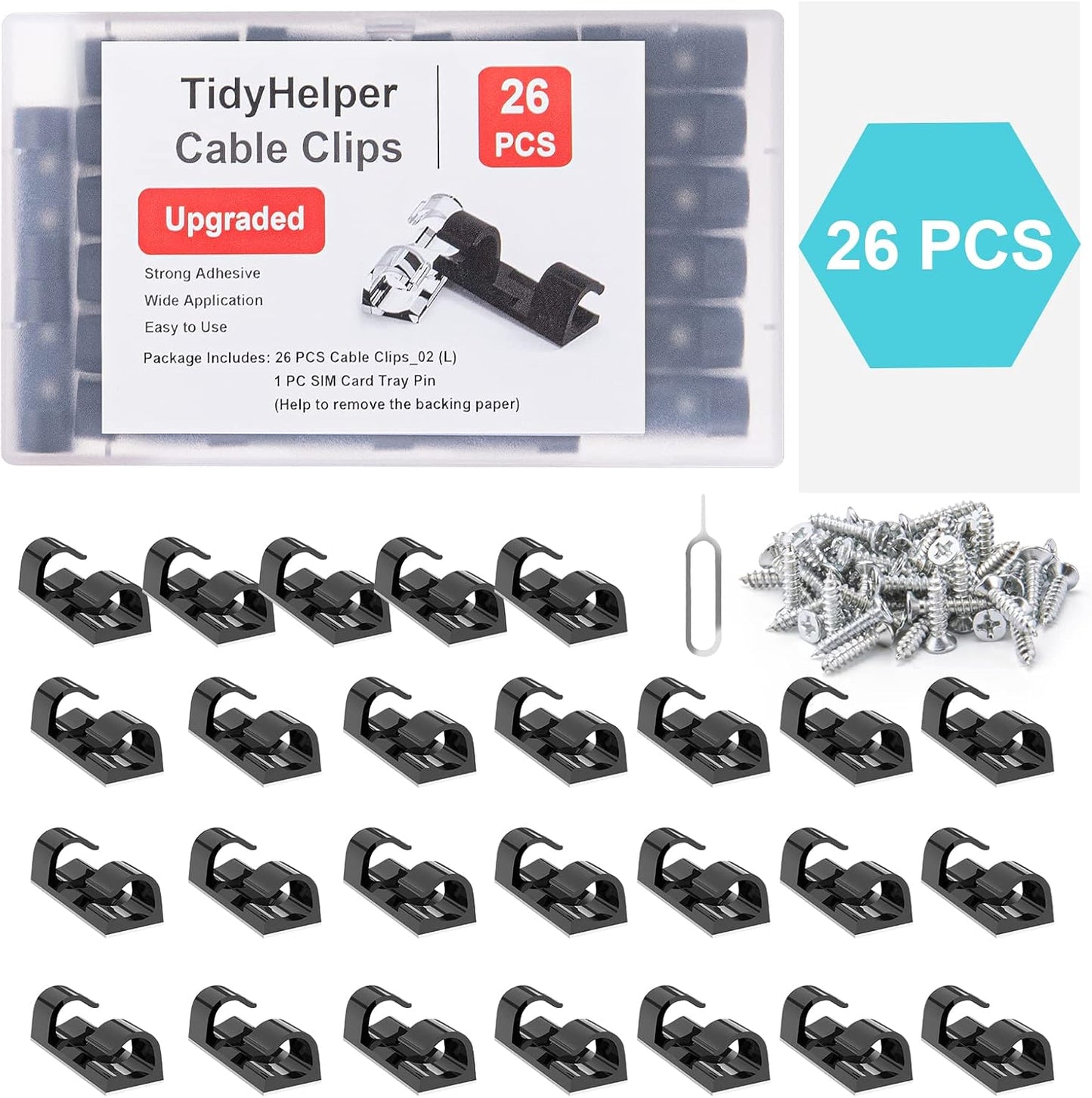 Wire Clips Black (Large, 26PCS), Heavy Duty Extension Cord Clips for Wall, Adhesive Cable Clips Wire Holders for Electric Wires, Powre Cable, PC, Ethernet, TV-Coax, LED Light Clips