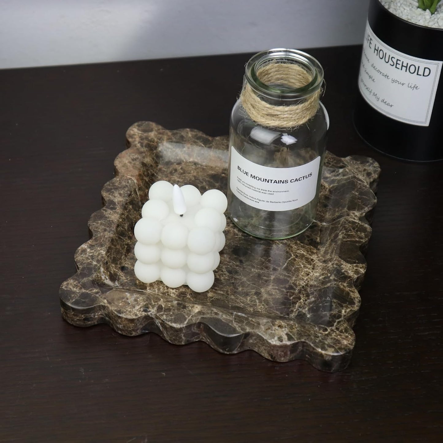 Square Marble Decorative Tray with Scalloped Edge, Luxury Natural Stone Bathroom Vanity Tray, Dresser Top Perfume Coffee Home Kitchen Sink Tray, Key Trinket Ring