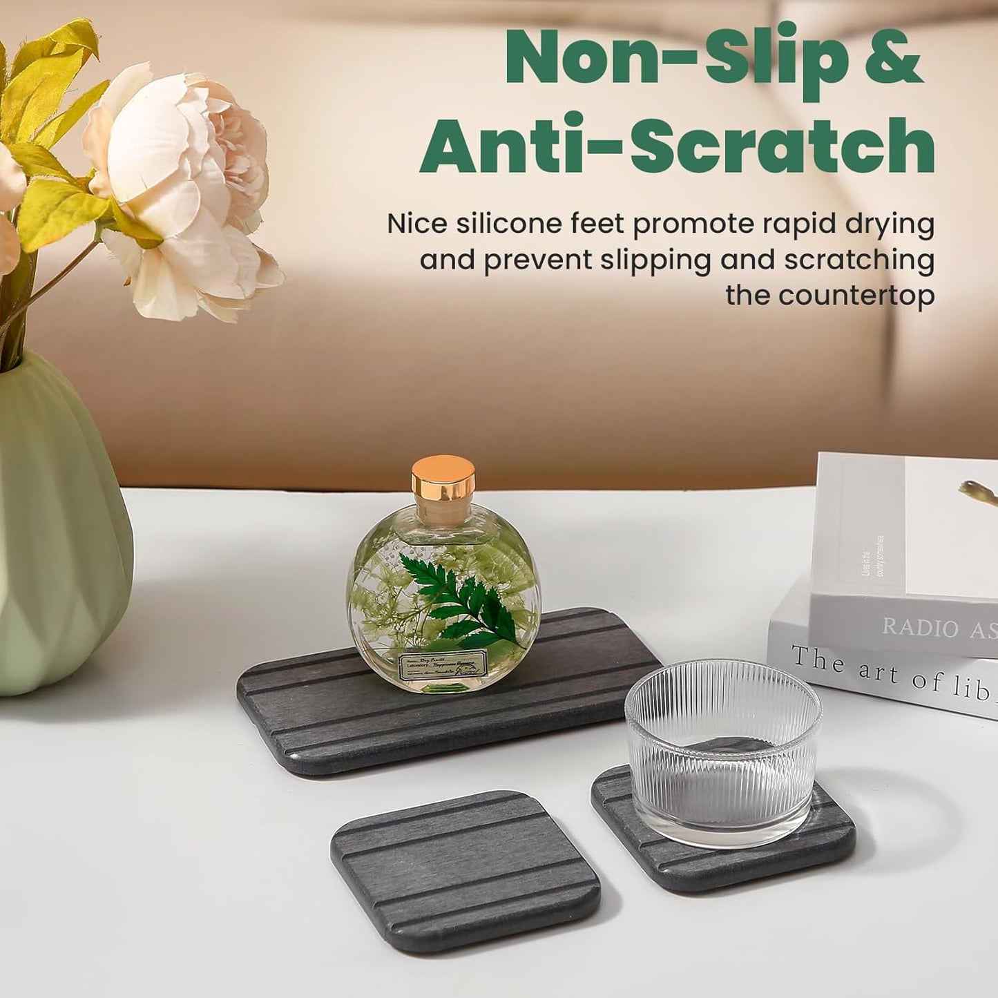 3PCS Water Absorbing Diatomaceous Earth Tray for Sink, Fast Drying Soap & Toothbrush Holders for Bathroom Counter, 1 Stone Tray, 2 Stone Coasters