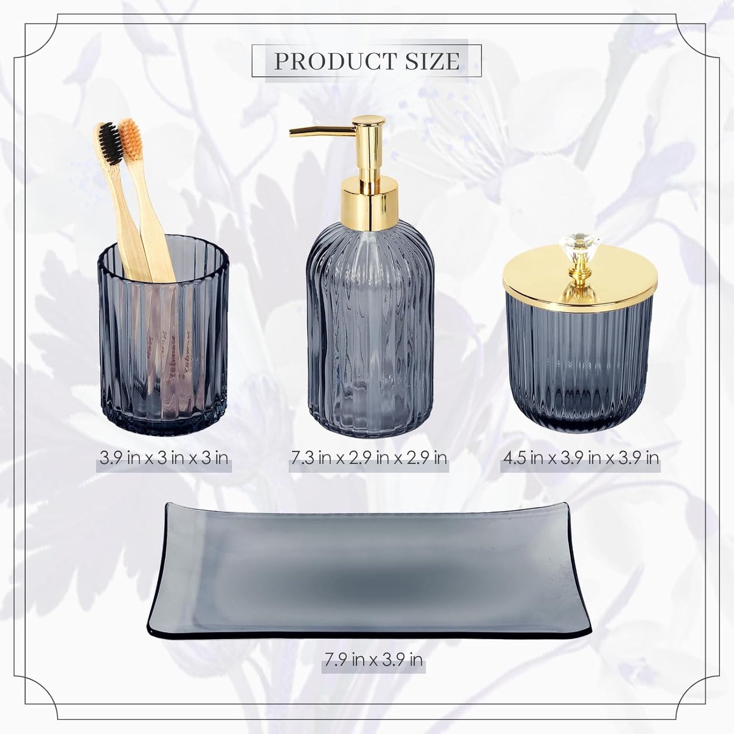 Designer Blue Glass Bathroom Accessories Sets - 4 Pcs with Lotion Soap Dispenser, Bathroom Toothbrush Holder, Vanity Tray, and Apothecary Jar, Vintage Bathroom Decor, Gift Countertop Organizer