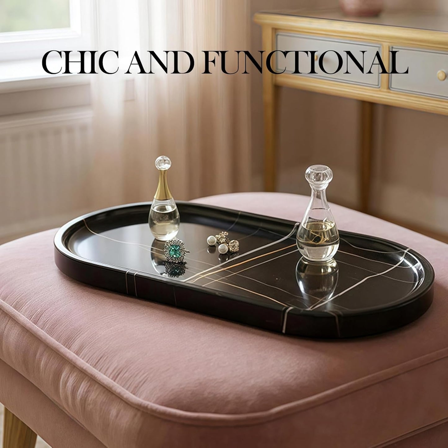 Koville Natural Black Marble Tray, 12"x6" Decorative Tray for Countertop, Catchall for Perfume, Candles, Jewelry Dish