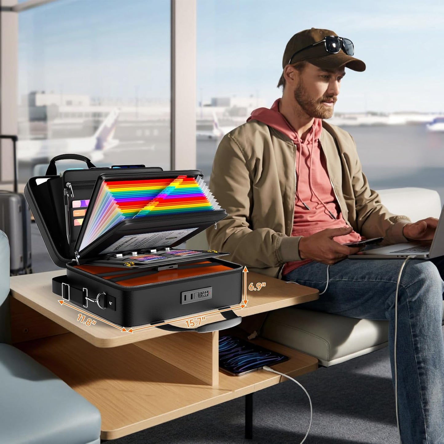 5200℉ Fireproof Document Box with lock, Hard-Shell Case File Organizer with 24 Pocket Accordion File Folder, Portable Safe Box with Shoulder Strap for Home Important Documents Laptop Black