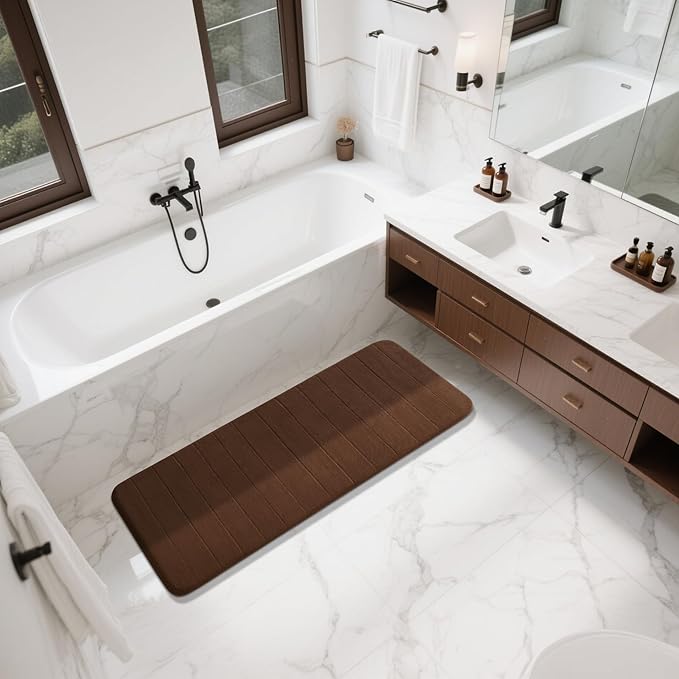 Yimobra Bathroom Runner 55"x24", Non Slip Memory Foam Bath Mat, Super Soft Water Absorbent Hallway Carpet, Machine Washable Rug for Vanity Tub Shower, Brown