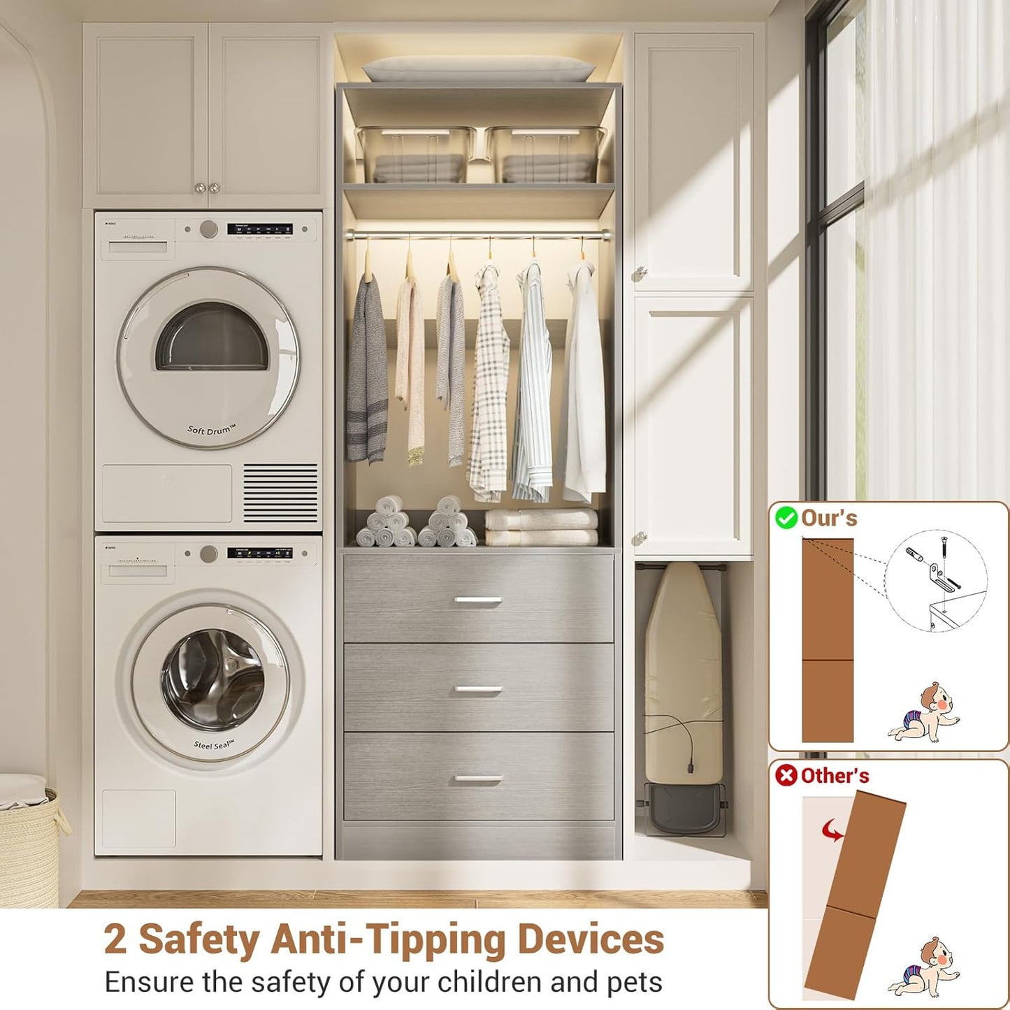 Freestanding 2FT Closet System with 3 Wood Drawers, 24" Closet Organizer System with Hanging Rod & Shelves, Walk-in Closet Systems for Small Closets, Grey (24"L x 15" W x 80" H)