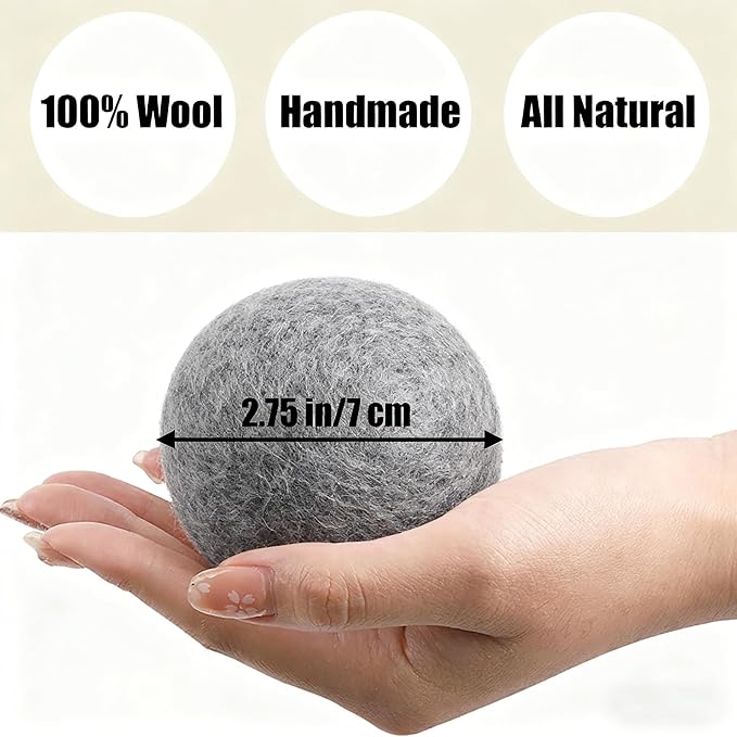 6 Pack Wool Dryer Balls Laundry Reusable Anti Static, Cotton Balls Wool Laundry Balls for Dryer Reduces Clothing Wrinkles Natural Fabric Softener Last 1000+ Loads (Dark Grey, 2.75 in/7 cm)