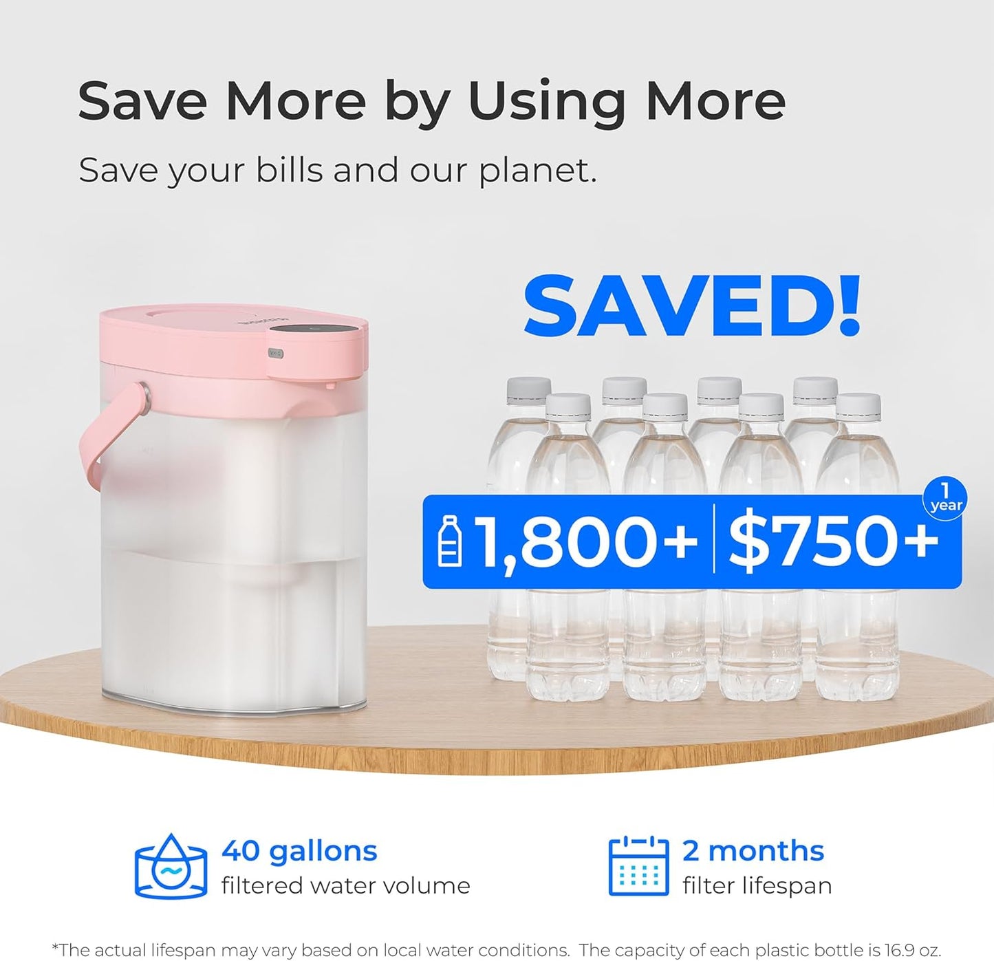 Waterdrop FreshTaste Electric Water Filter Pitcher, Rechargeable Powerful Dispenser, 17-Cup Instant Countertop Purifier, Reduce Chlorine, Lead, Copper, Purify, Soften Water, Pink, Does not Lower TDS