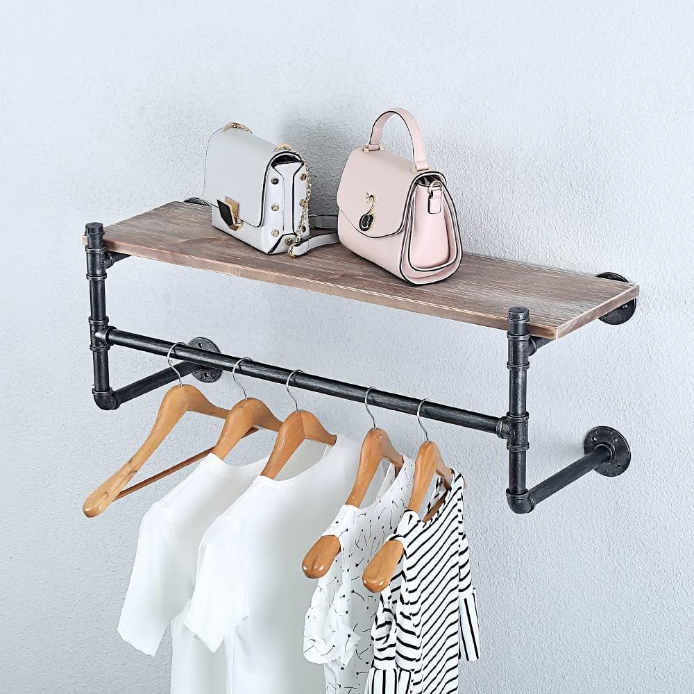 Industrial Pipe Clothing Rack Wall Mounted with Real Wood Shelf,Pipe Shelving Floating Shelves Wall Shelf,36in Retail Clothes Racks Display Rack