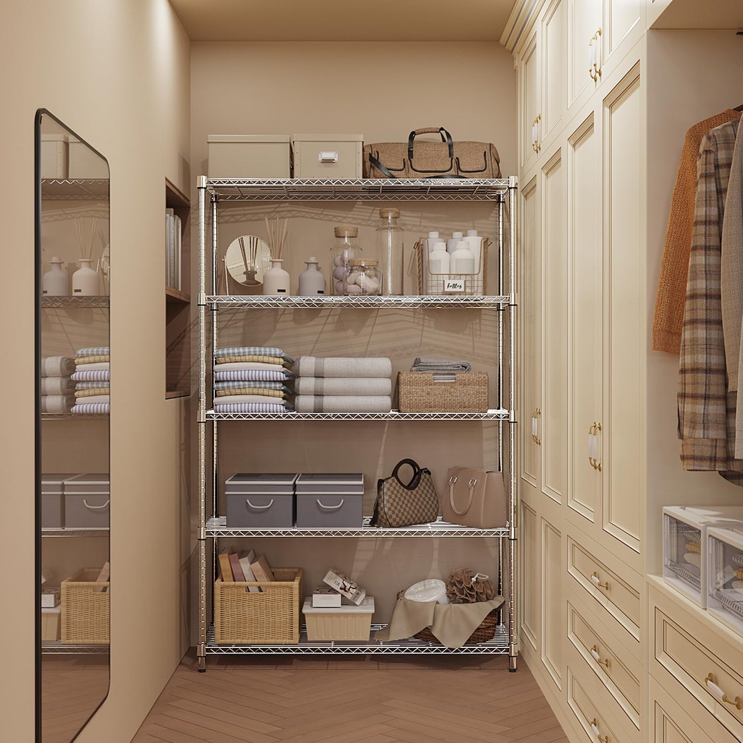 MZG 1750 lbs 5 Tier Storage Rack Metal Wire Shelving Unit, Storage Standing Household Shelf Organizer for Kitchen Pantry Closet Garage Basement Utility Room, Chrome 15.7" D x 45.3" W x 70.4" H