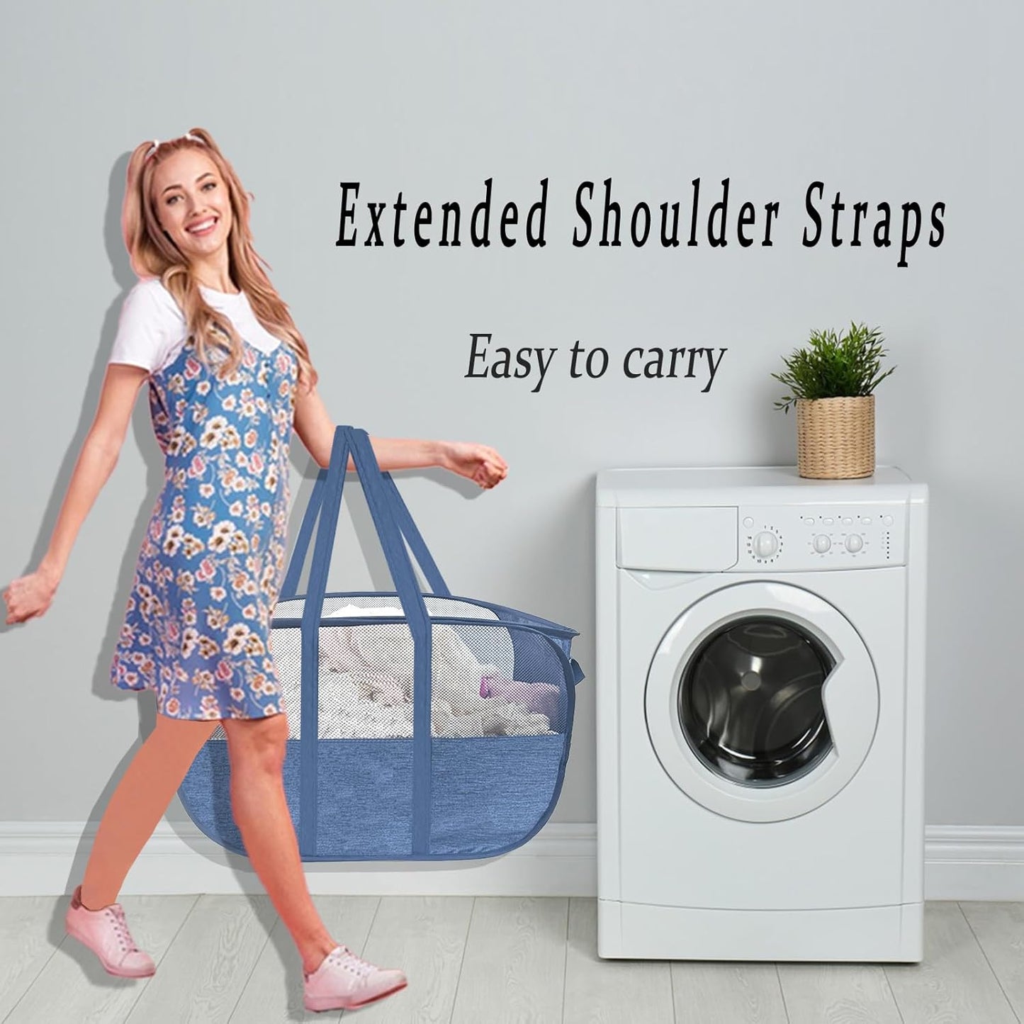 Extra Large Mesh Pop Up Laundry Hamper, 100L Collapsible Laundry Basket, Dirty Clothes Hamper with Reinforced Handles, Storage Bins for Shelves, Dorm or Home Portable Stair Laundry Basket. Blue