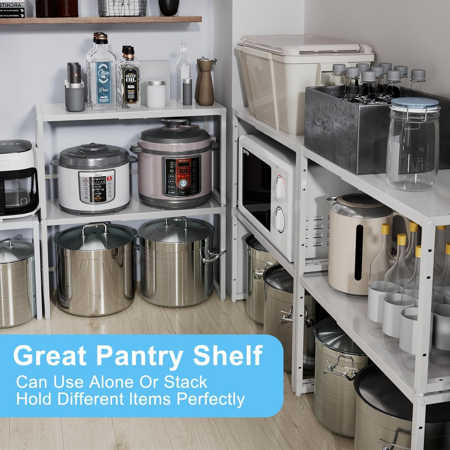 Expandable Kitchen Storage Shelves,110LBS Heavy Duty Metal Shelving Units and Storage For Small Appliance, Adjustable Stackble Storage Shelf Organizer For Kitchen Cabinet Pantry Warehouse Garage,White