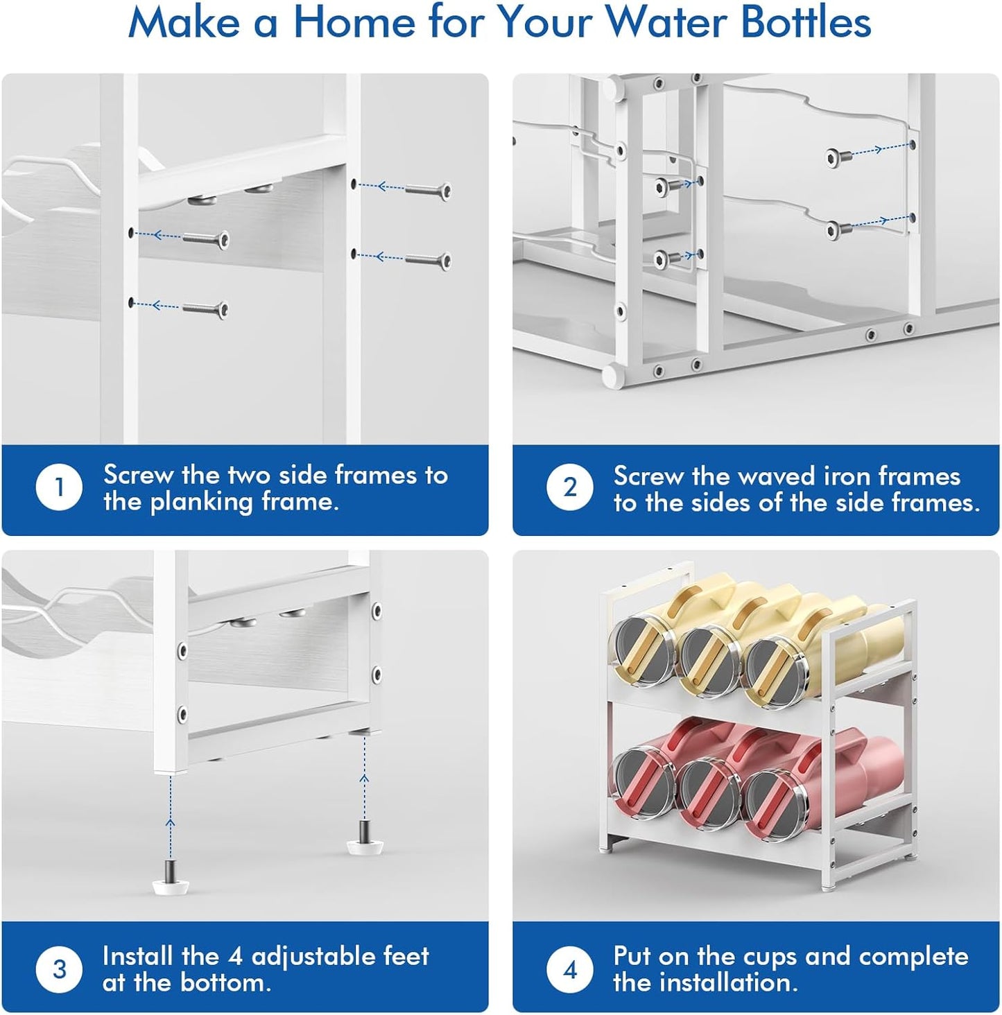 Wooden Water Bottle Organizer, 20/30/40oz Tumbler Organizer, Bottle Holder for Owala/Yeti/Stanley, Kitchen Pantry Water Bottle Storage Rack for Cabinets, Wood Wine Rack, 2 Tier Hold 6