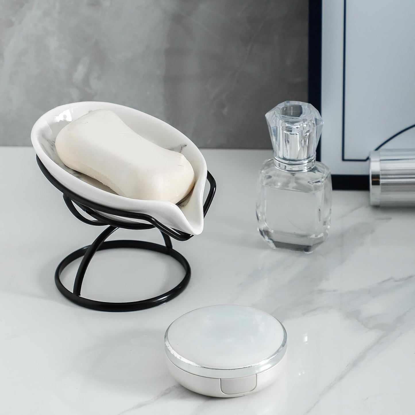 Leaf-Shaped Soap Dish – Ceramic Soap Bar Holder with Self-Drainage System – Bar Soap Holder for Shower, Bathroom Sink, Kitchen – Soap Dish with Stainless Steel Stand (White-Black-2 Pack)