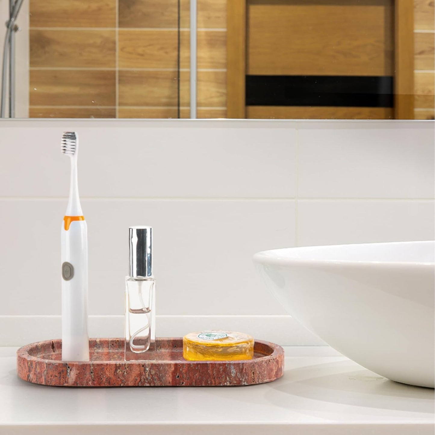 WORHE Italy Natural Travertine Stone Tray for Jewelry, Candles, Perfume, Trinket, Marble Oval Vanity Trays for Bathroom, Dresser, Kitchen, Countertop Storage Organizer for Home Decor Red (WH029)