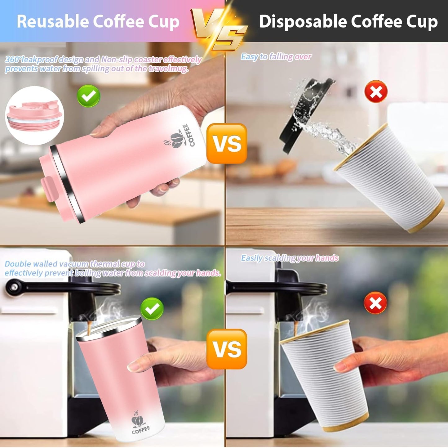 Insulated Travel Coffee Mug Reusable Coffee Tumbler Cup with Flip Lid Leak Proof Spill Proof for Office School Party Camping Hot and Cold Drink,Stainless Steel 17oz (Pink White)