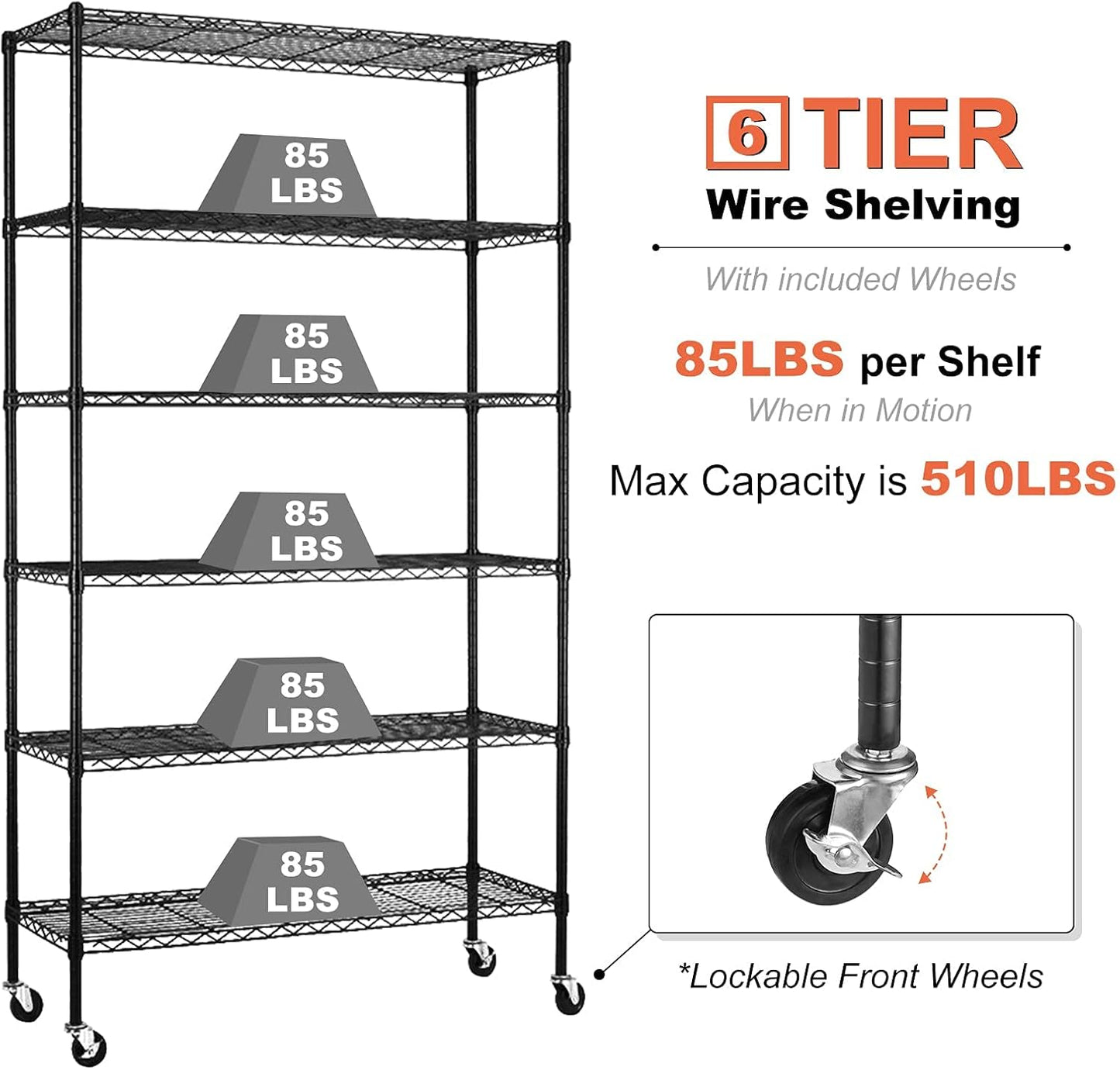 6-Tier Storage Shelves NSF Certified Wire Shelving Unit on Wheels Heavy Duty Metal Shelves Adjustable Steel Shelving 2100Lbs Capacity for Closet Pantry Basement- (18"x48"x82", Black)