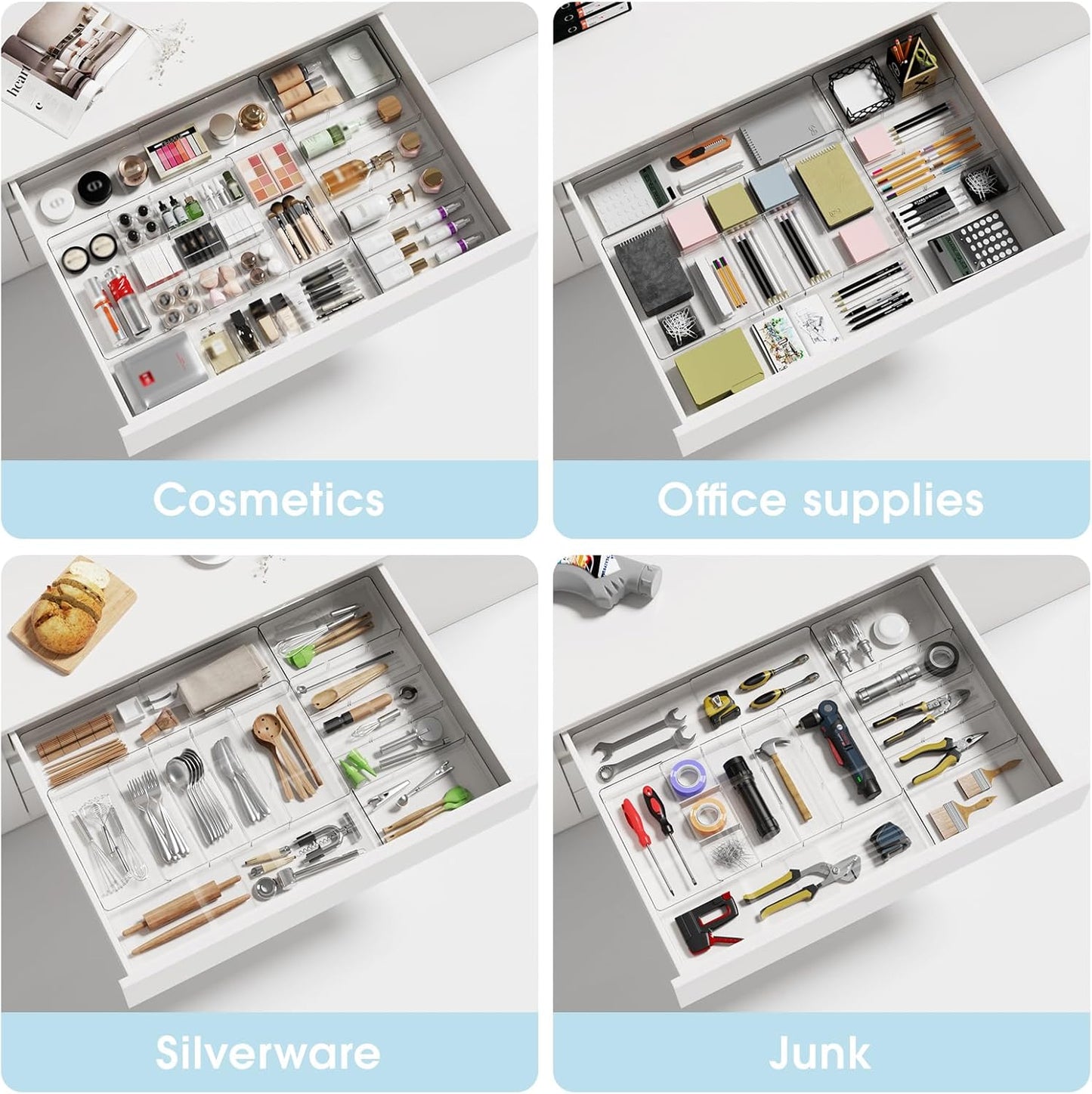 MIUOPUR Expandable Drawer Organizer, Width (10.6"-20.1") Depth (11"-20.1"), Clear Makeup Drawer Organizer with 6 Removable Dividers, Silverware Organizer, Great for kitchen and Bathroom Drawers