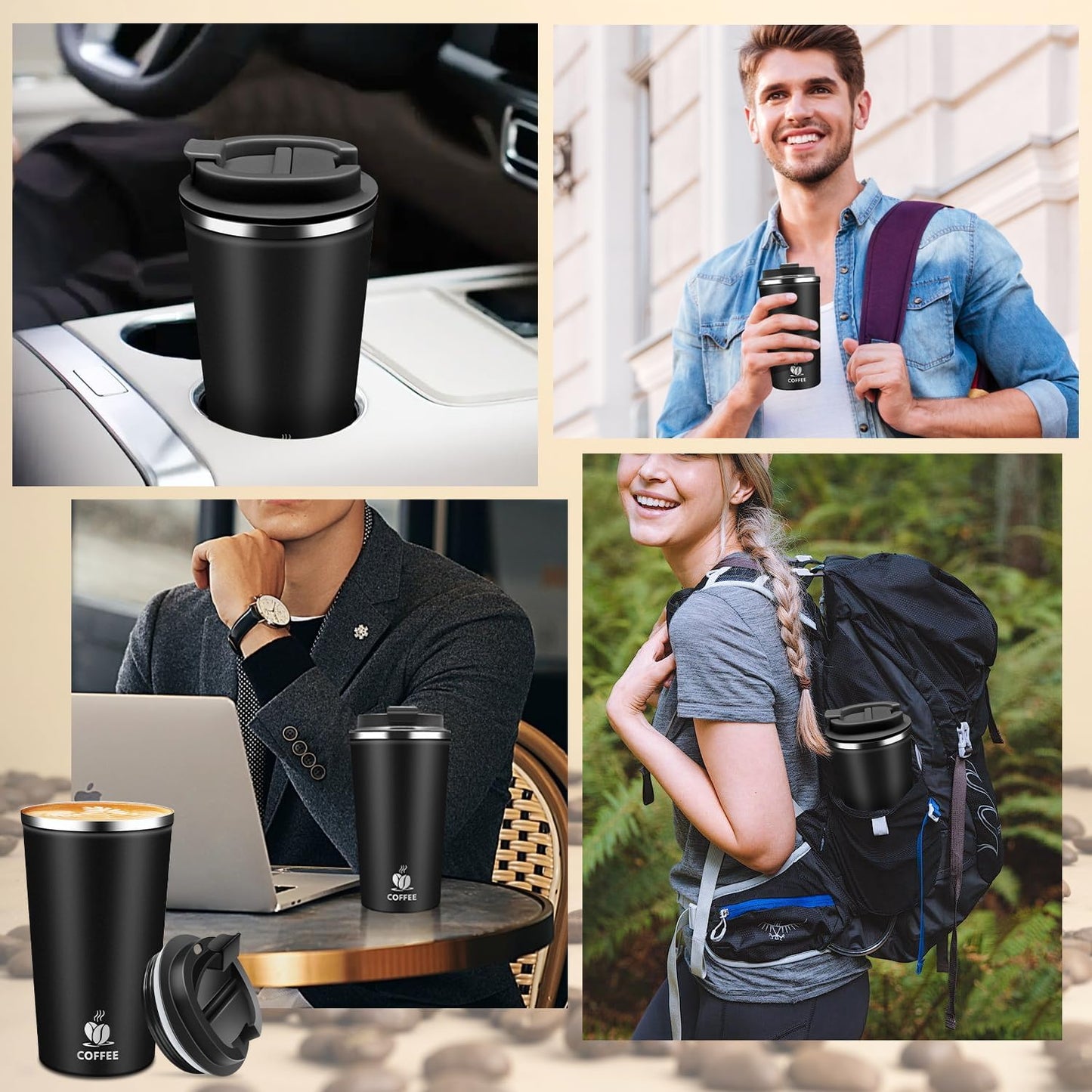 Insulated Travel Coffee Mug Reusable Coffee Tumbler Cup with Flip Lid Leak Proof Spill Proof for Office School Party Camping Hot and Cold Drink,Stainless Steel 17oz (Black)