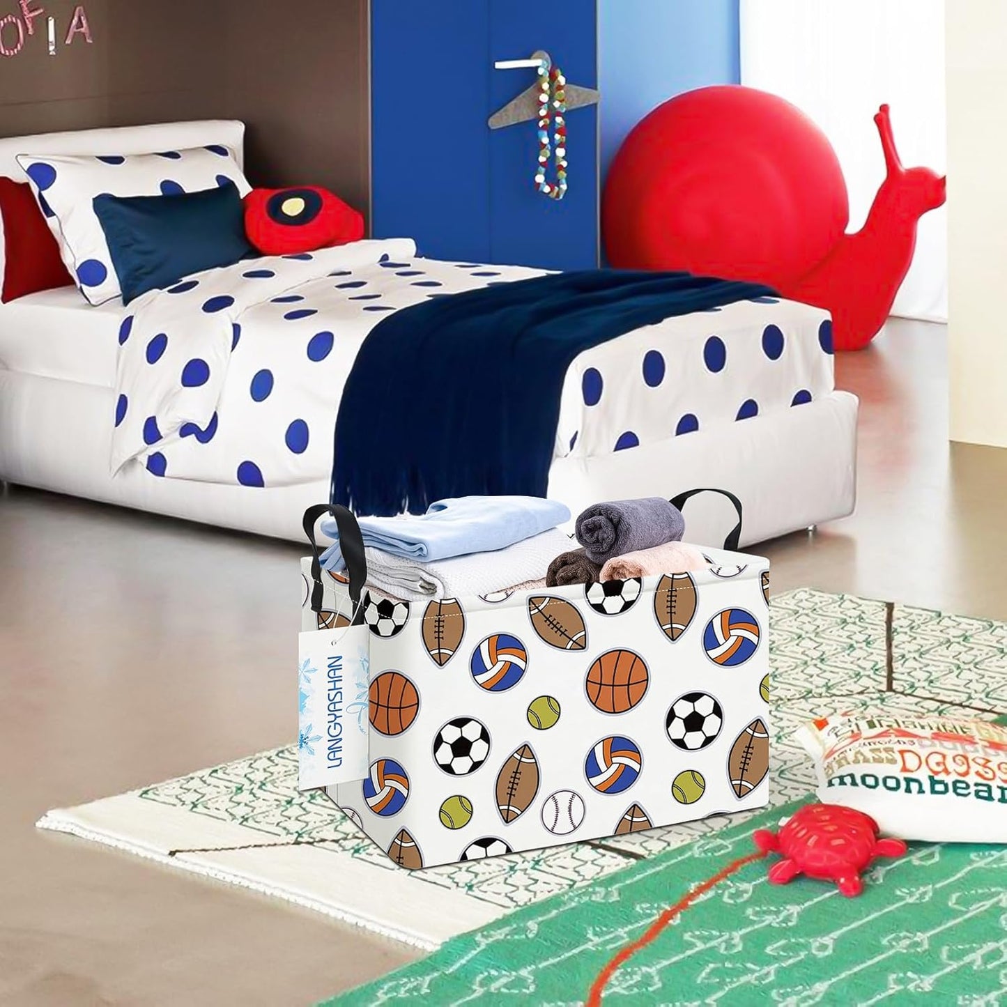 LANGYASHAN Rectangular Storage Bin Collapse Canvas Fabric Cartoon Storage Basket with Handles for Organizing Home Kitchen Boys and Girls Toys Office Closet Shelf Baskets (Rec Colorful Balls)