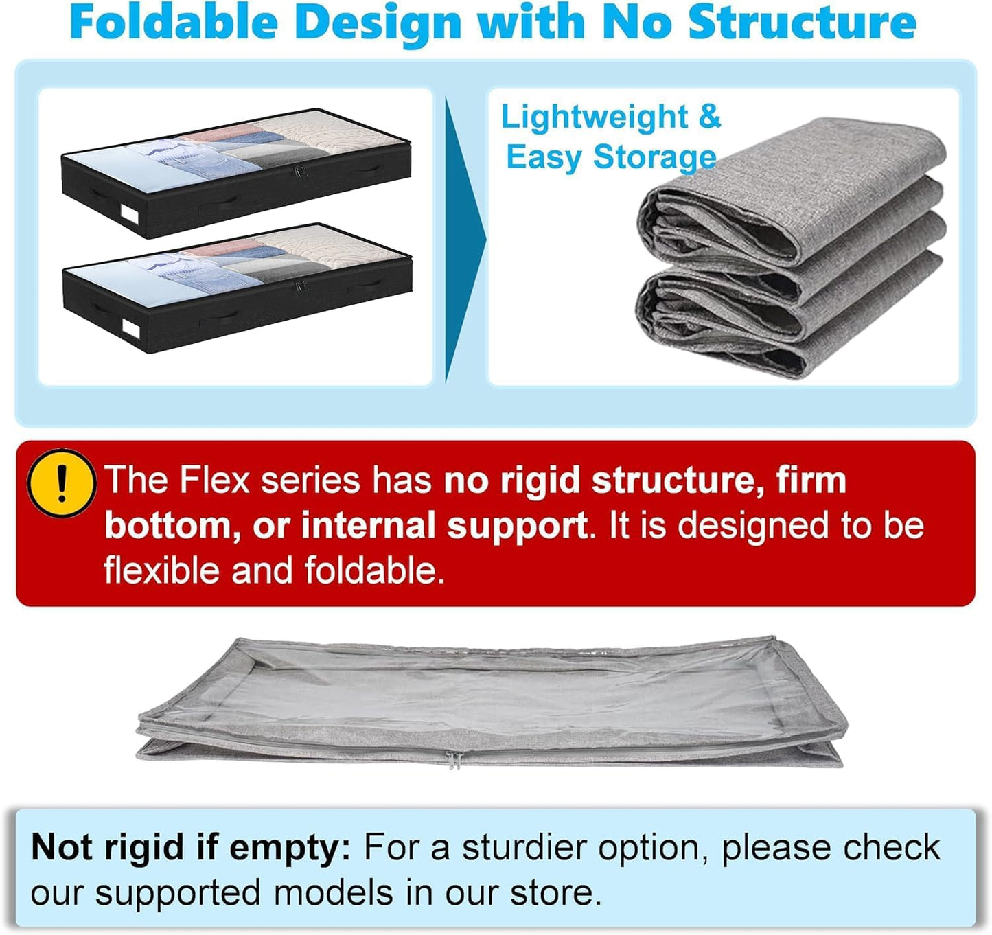 4 Inch Low Profile Under Bed Storage Drawer 4 Pack, Lightweight Underbed Clothes Storage Container Bins with NO STURCTURE, Shallow Storage Bag for Dorm & Home, With Clear Lids and Waterproof Fabric