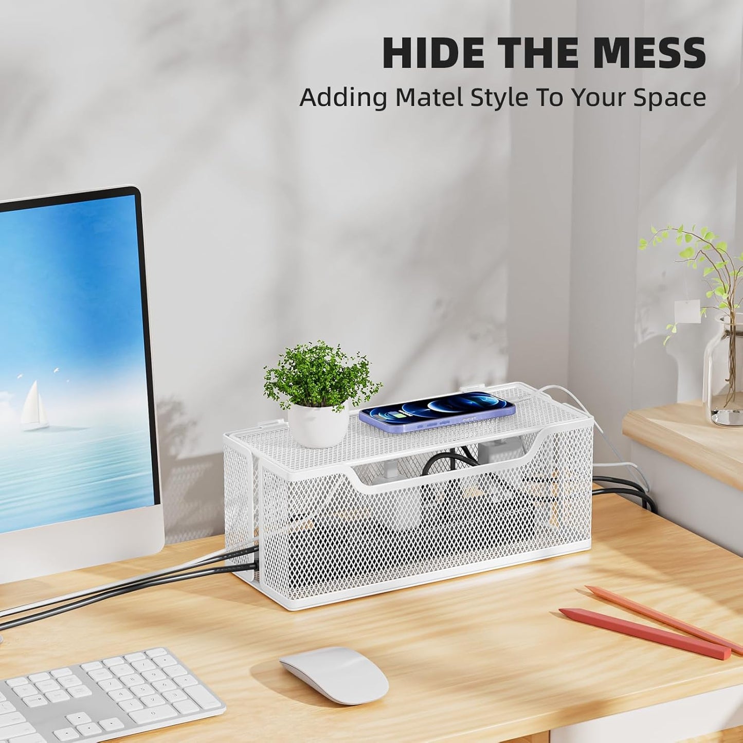 3 Pack Cable Management Box, Metal Mesh Cord Organizer Box for TV Wires, Electrical Hiding, Power Strip – Under Desk Cable Storage Box with Cable Clips&Reusable Cable Ties for HomeOffice - White