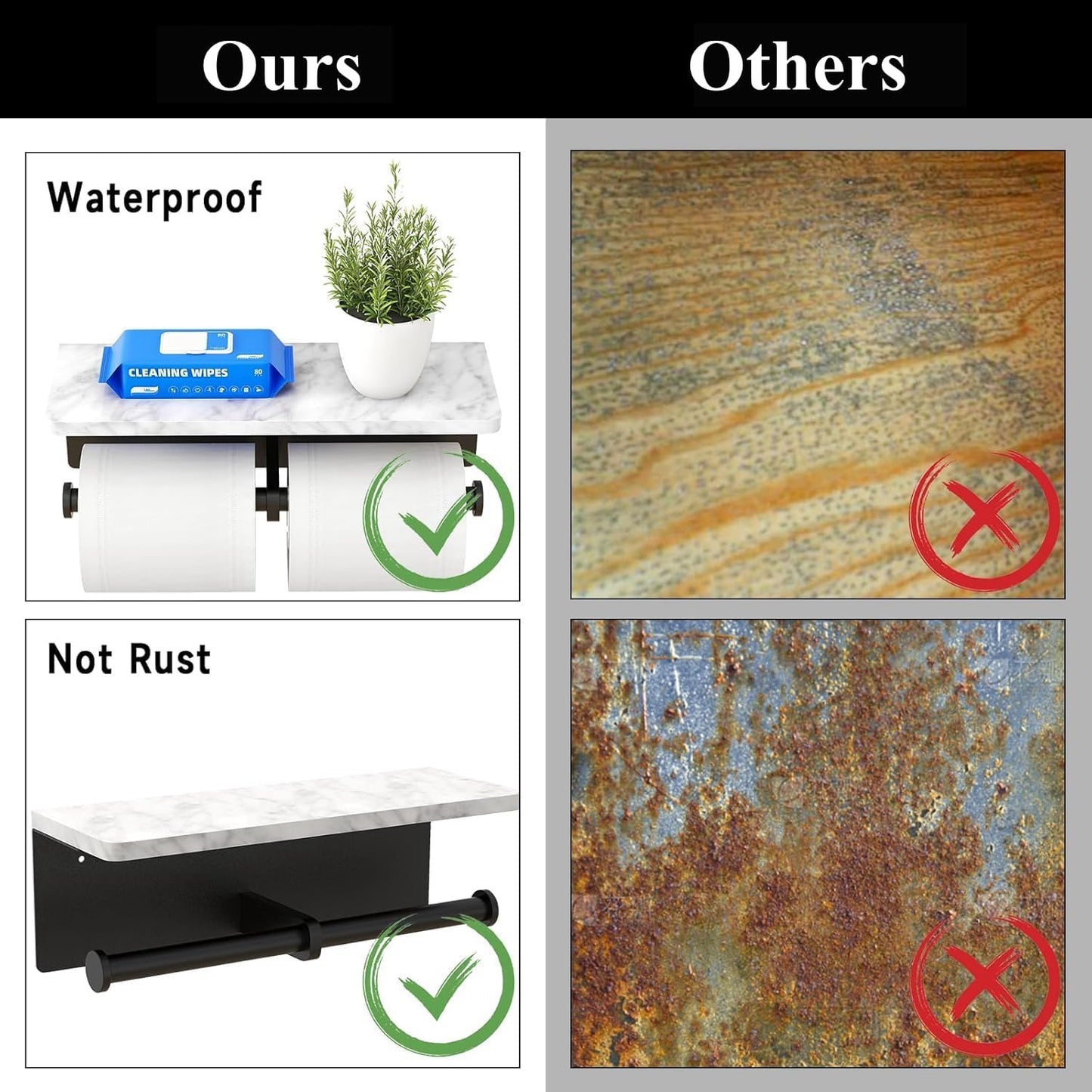 Toilet Paper Holder with Natural Marble Shelf for Bathroom Washroom,Wall Mounted Tissue Holder Suitable for Mega Roll (Matte Black, Large 11.8 * 4.7)