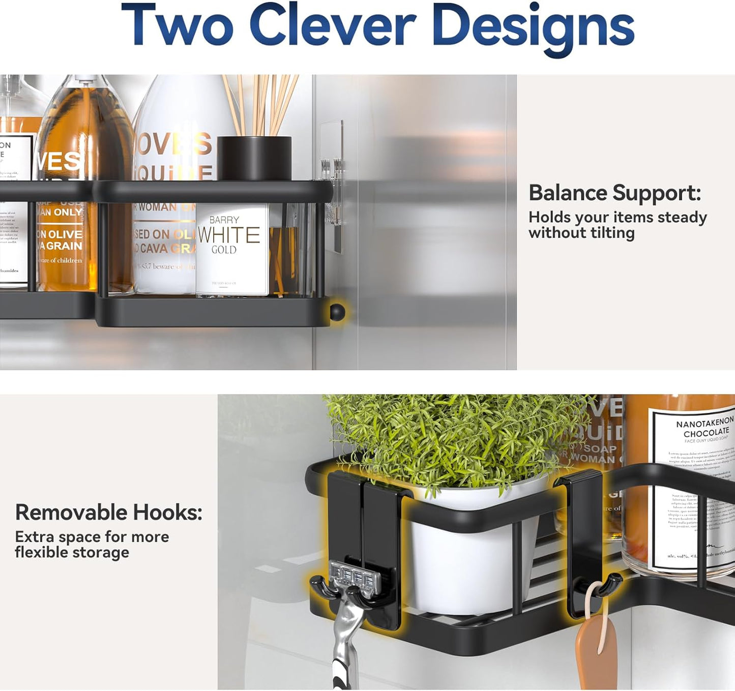 YASONIC Corner Shower Caddy, 5-Pack Adhesive Rustproof Stainless Steel Shower Organizer with Soap Holder, No Drilling Shower Shelf for Inside Shower, Dorm, Renters, Black