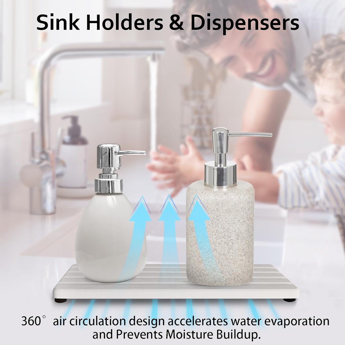 Set of 3 Diatomite Hand Soap Holder, Water Absorbing Stone Tray for Kitchen Countertop, Fast-Drying Bathroom Trays (1pcs 22 x 10cm + 2pcs 10 x 10cm White)