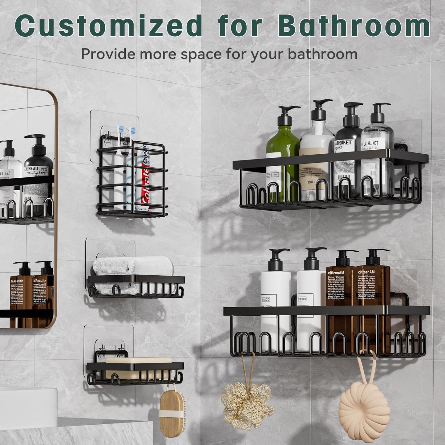 5-Pack Shower Caddy with Soap Holder and toothbrush holder, Stainless Steel Organizer for Bathroom Organizers and Storage, No Drilling Wall Mounted Rack Bathroom Caddy for Kitchen Home Black