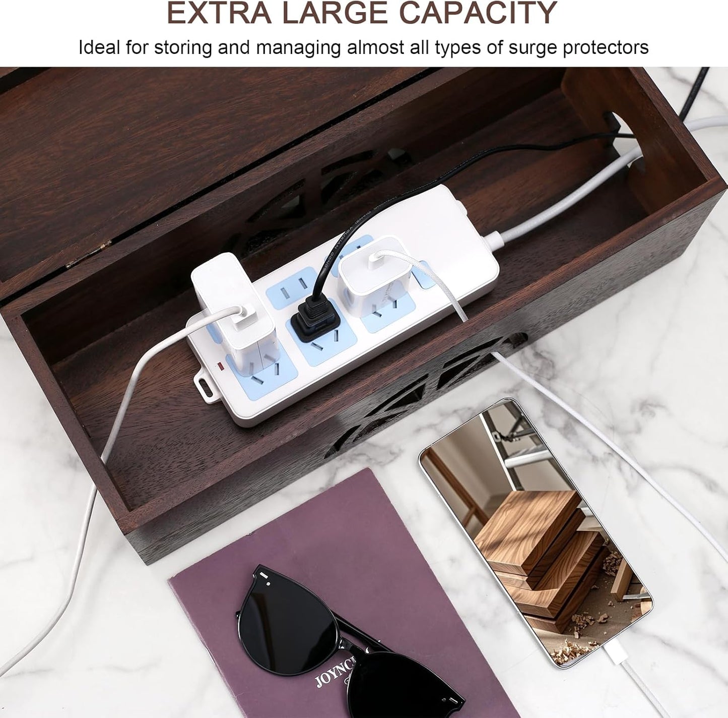 Wood Cable Management Box - 15.8" (L) x 6" (W) 5.5" (H) Walnut Wood Cable Hider Box, Cord Hider with Magnet Design & Outlet Hole, Power Strip Surge Protect & Organizer for Home Office Kitchen TV Wires