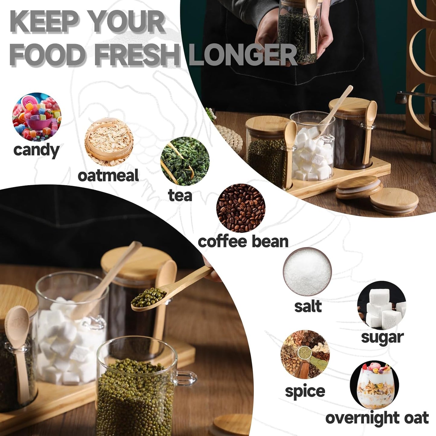 Glass Spice Storage Container with Spoon, 3PCS 20oz Airtight Sealed Condiment Jar with Tray, Kitchen Pantry Seasoning Canister Set for Salt Coffee Sugar Tea & Bathroom Cotton Swab Ball