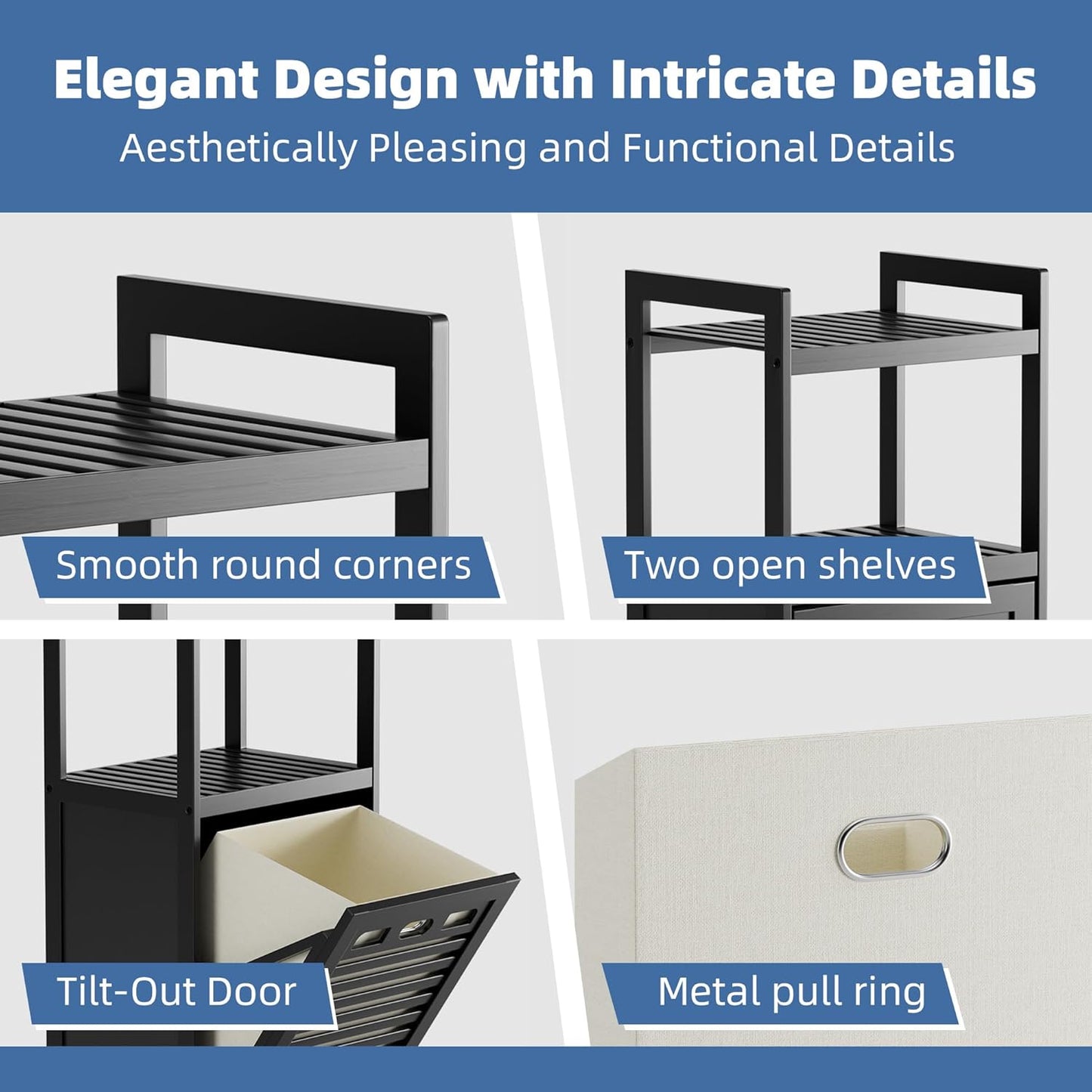 HITNET Tilt Out Laundry Hamper, Bamboo Bathroom Cabinet with Pull Out Removable Bag and 2 Tier Storage Shelves, 8.5 Gallon Clothes Basket with Metal Handle, Black