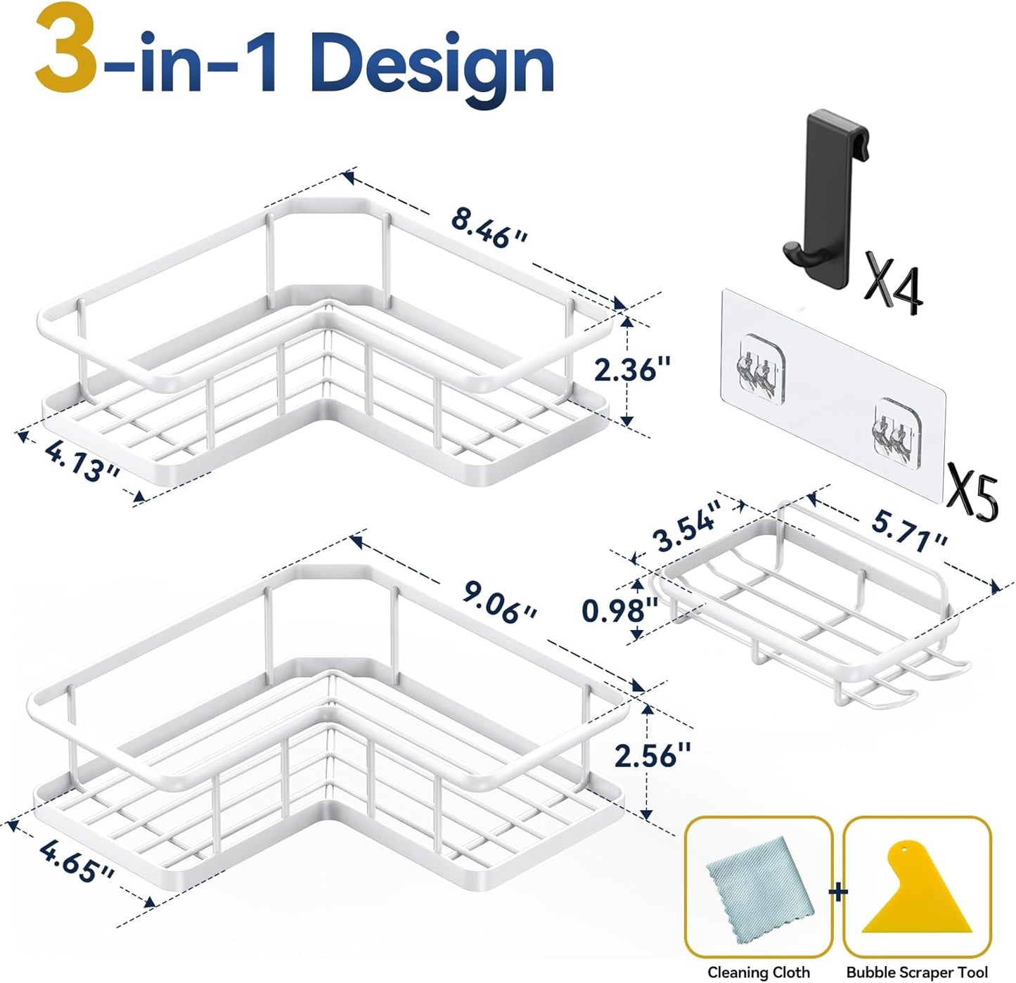 YASONIC Shower Caddy Corner, 3-Pack Adhesive Rustproof Stainless Steel Shower Shelves with Soap Holder, No Drilling Shower Organizer Corner for Dorm, Renters Bathroom, White