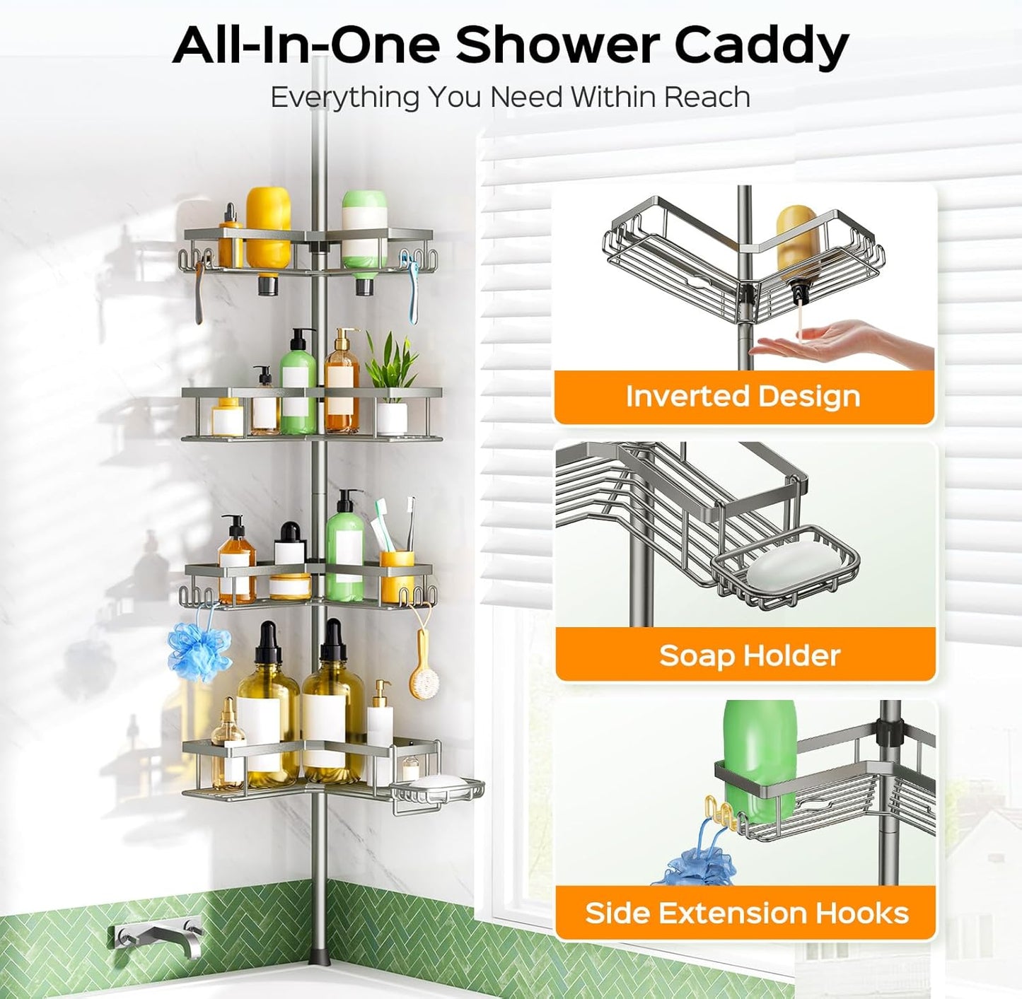 HAMITOR Shower Caddy Tension Pole: 4-Tier Corner Rustproof Bathroom Organizer with Soap Holder - No-Drill Adjustable Shower Shelf for Renters - Small Space Storage Rack for Apartment - 47-123 Inch