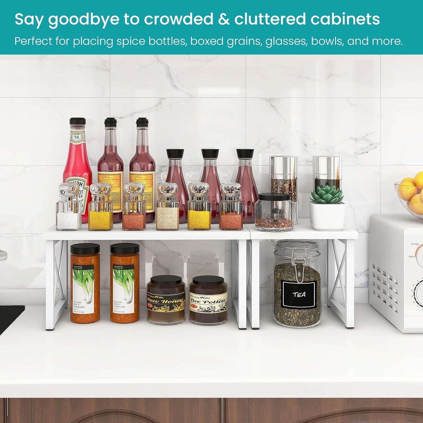 ELITEROO Wood Desktop Shelf, Freestanding Small Bookshelf Dorm Supplies Organizers, 2 Tier Independent Stackable Desk Stand, Adjustable Storage Organizer, Kitchen Counter Display Rack, White