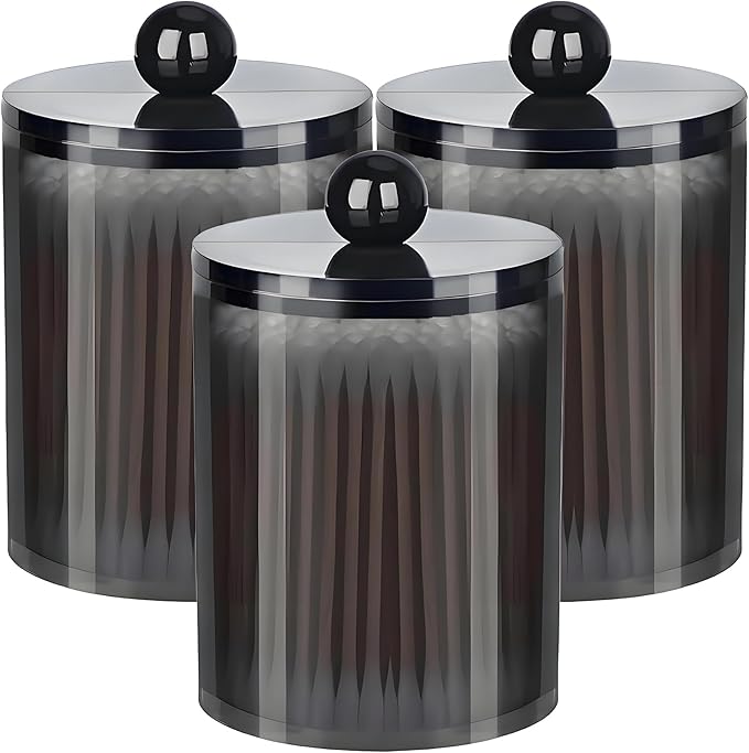AXX Qtip Dispenser Apothecary Jars Bathroom - Qtip Holder Storage Canister Clear Plastic Jar for Cotton Swab,Q-Tips,Cotton Rounds (Black 3Pcs)