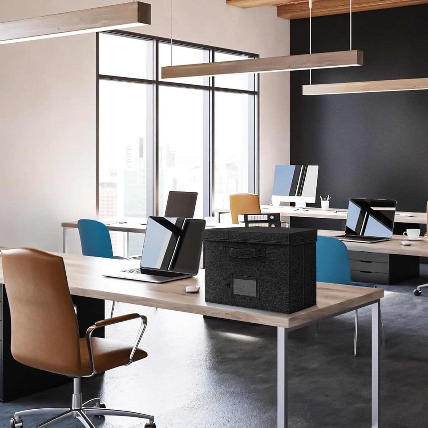 File Organizer Boxes with Lid, Linen Hanging File Storage Boxes with Handle, Collapsible Document Filling Boxes for Letter/Legal Folder, Portable File Box for Office/Decor/Home (4 Pack, Black)