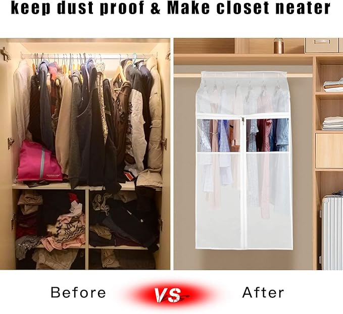 Zilink 60“ Hanging Garment Bags for Closet Storage Large Clear Window Hanging Clothes Storage Garment Rack Cover Dress Protector for Suit, Coat, Wardrobe, Bottom Enclosed, Set of 2